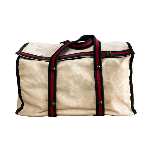 Rare Vintage 1970’s Heavy Canvas Weekender Tote w/ Brass Hardware Striped Webbing