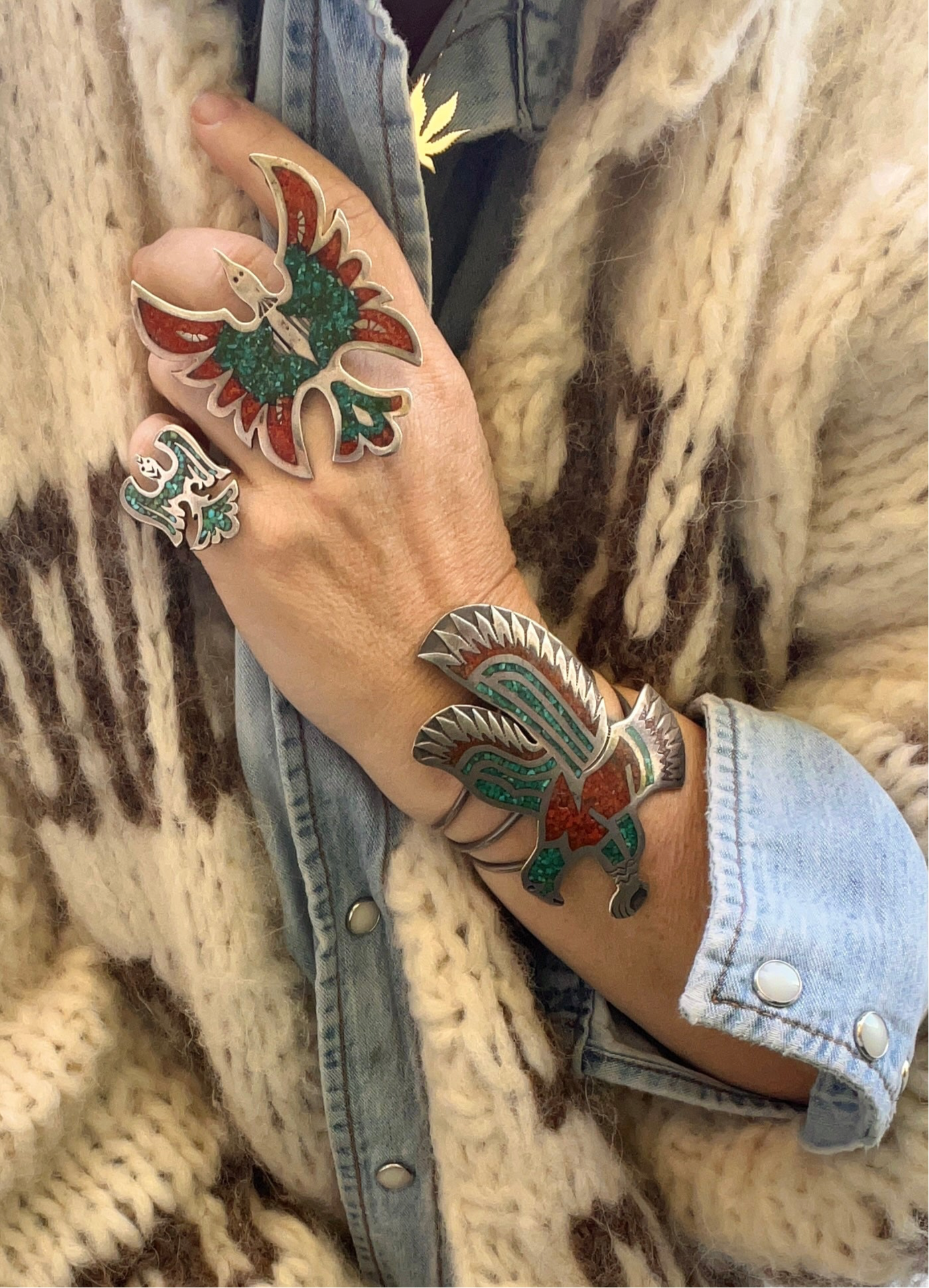 Huge Vintage Navajo Sterling Silver Turquoise & Coral Mosaic Inlay Thunderbird Ring Size 9