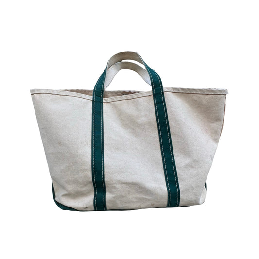 Vintage LL Bean Boat & Tote Large Canvas Tote Bag Natural w/ Dark Green Trim Distressed