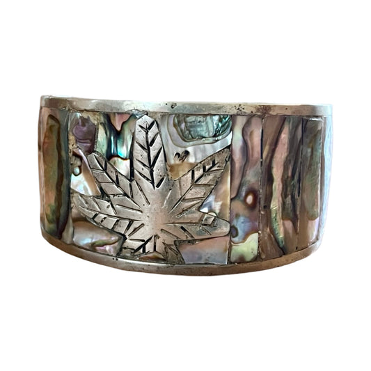 Vintage 70’s Silver Abalone Inlay Weed Leaf Cuff Bracelet