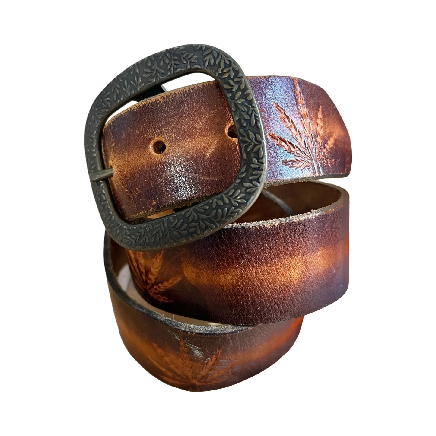 Vintage 70’s Hand Tooled Weed Leaf Brass Buckle Belt
