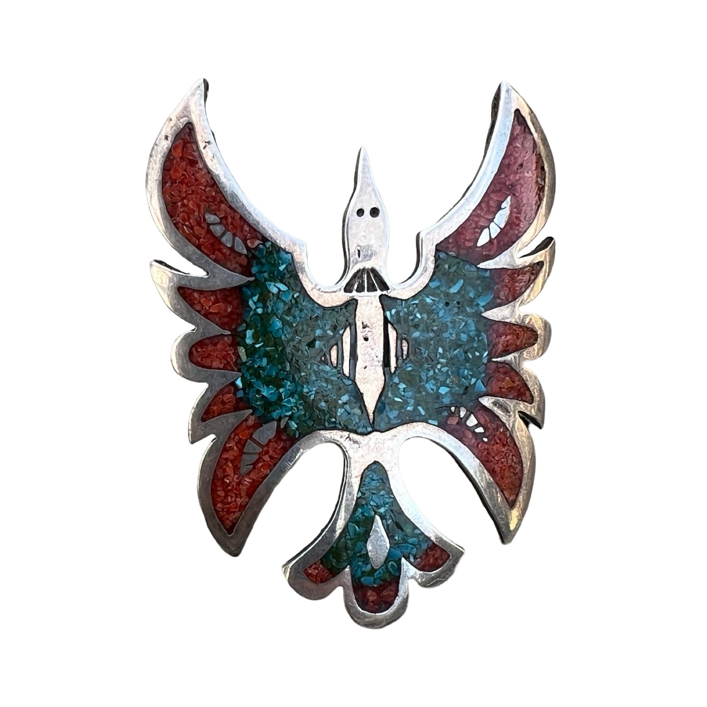 Huge Vintage Navajo Sterling Silver Turquoise & Coral Mosaic Inlay Thunderbird Ring Size 9