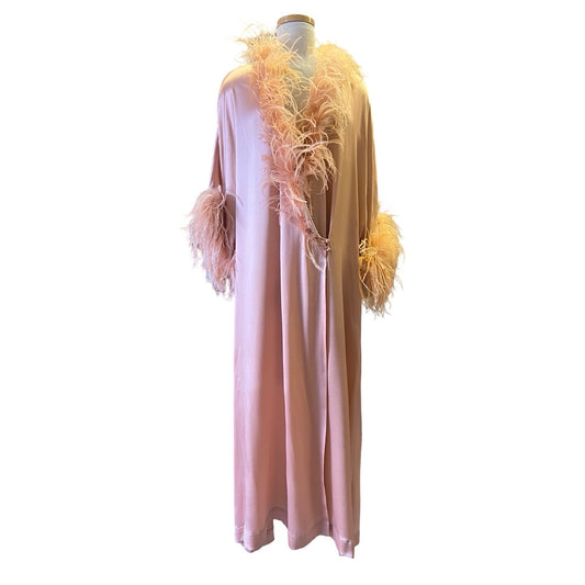 Vintage Silk & Ostrich Feather Trim Peach Silk Robe by The J Peterman Company L