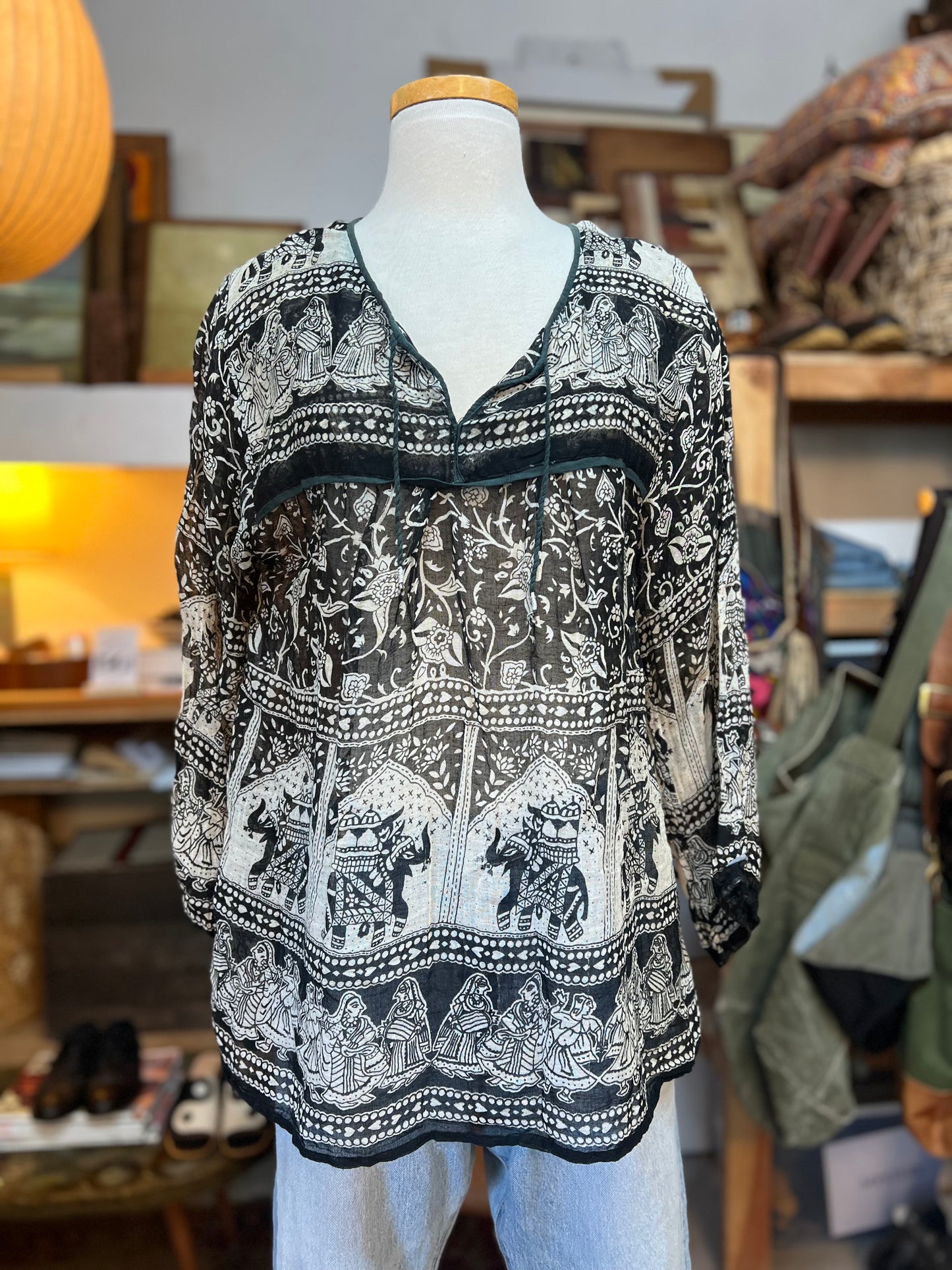 Vintage 70’s/80’s India Block Print Sheer Cotton Gauze Bohemian Blouse