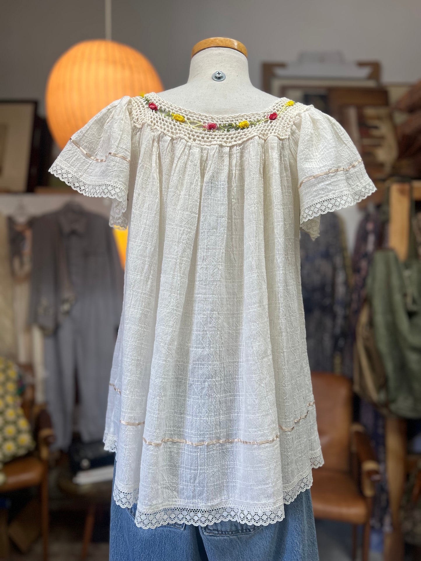 Vintage Gauze Angel Top Macrame Rainbow Flowers S/M