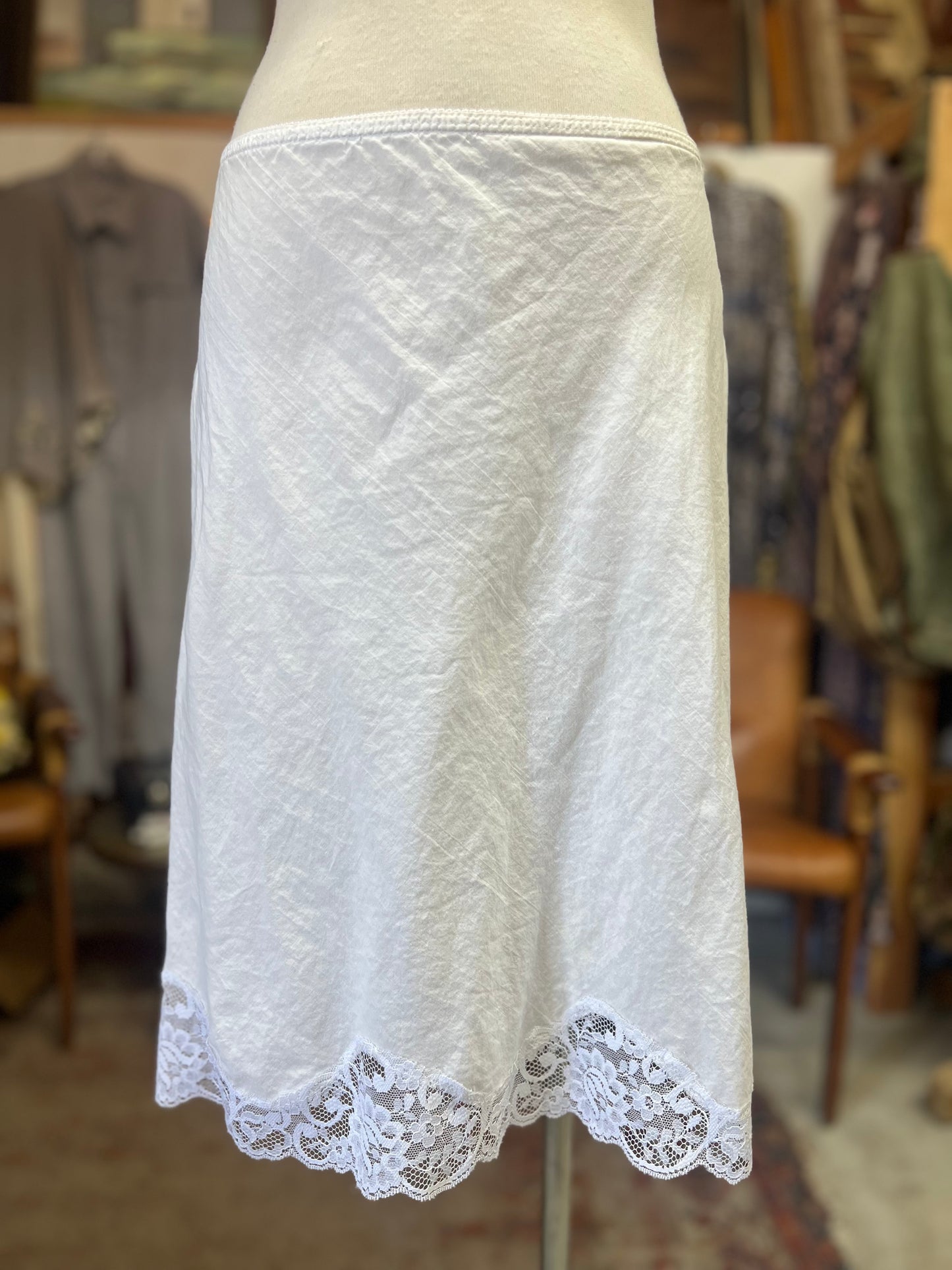 Vintage Soft Sheer Cotton Lace Trim Slip Skirt S/M