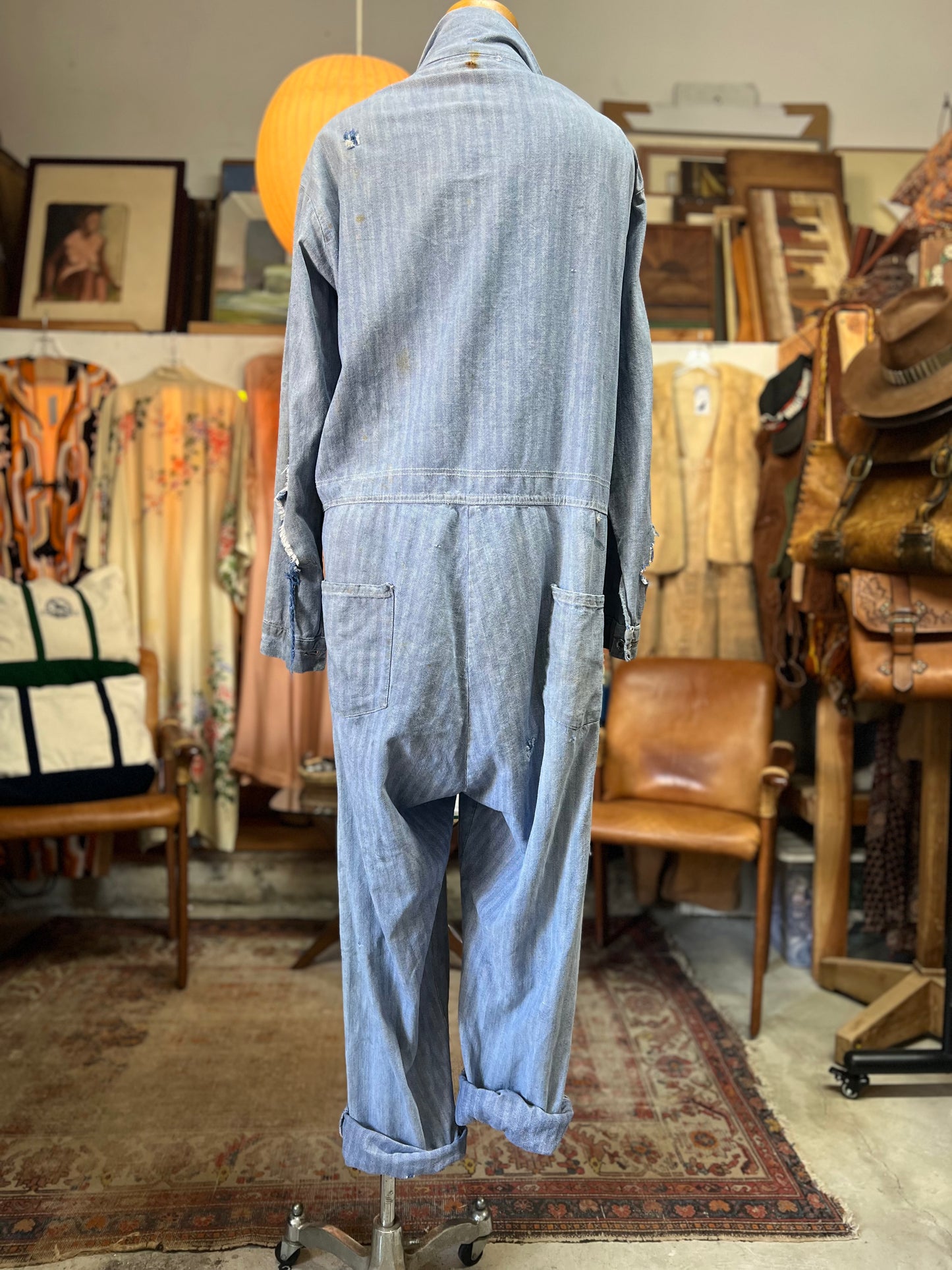 Vintage Heavily Distressed Herringbone Twill Denim Jumpsuit 46