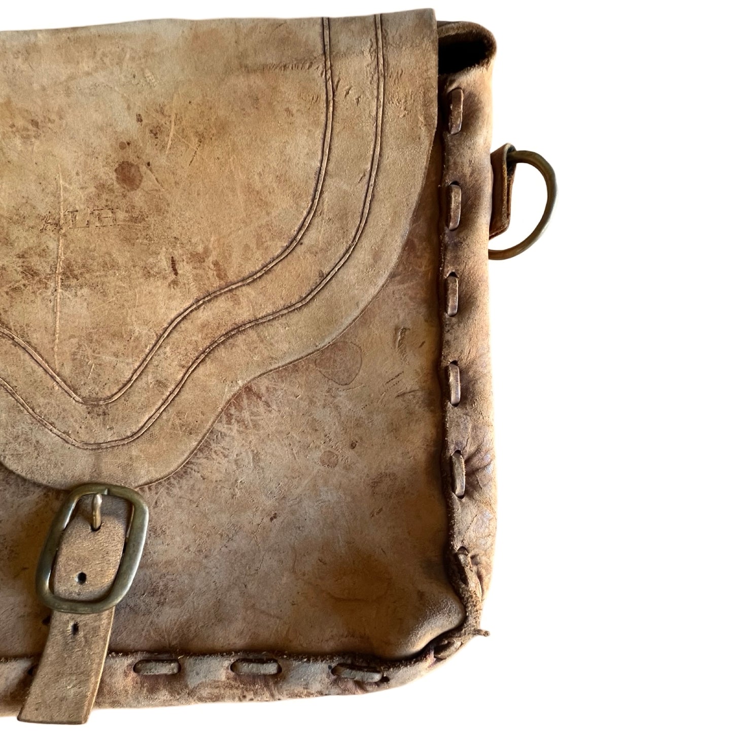 Gorgeous 70’s Vintage Handmade Tooled Leather Messenger Bag Sherpa Lined Removable Strap