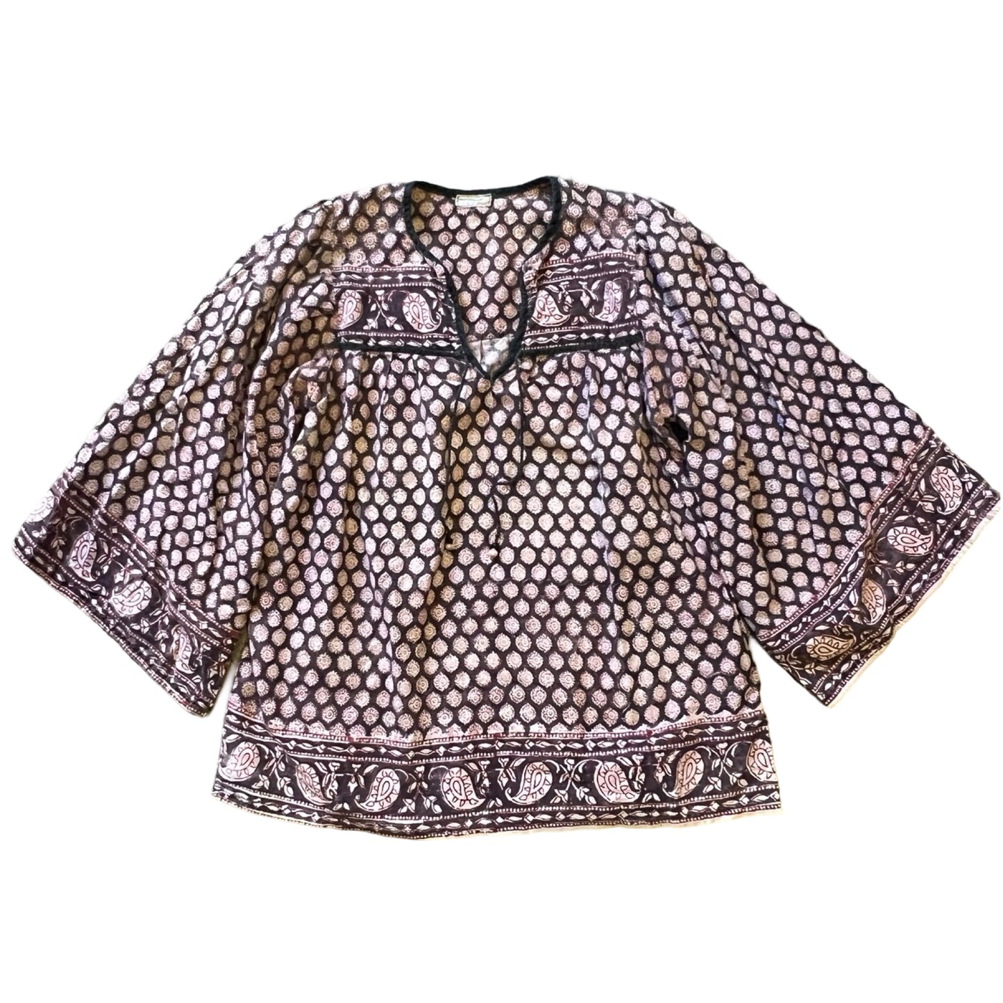 Vintage 70’s India Block Print 3/4 Bell Sleeve Cotton Blouse Rare Colorway S/M