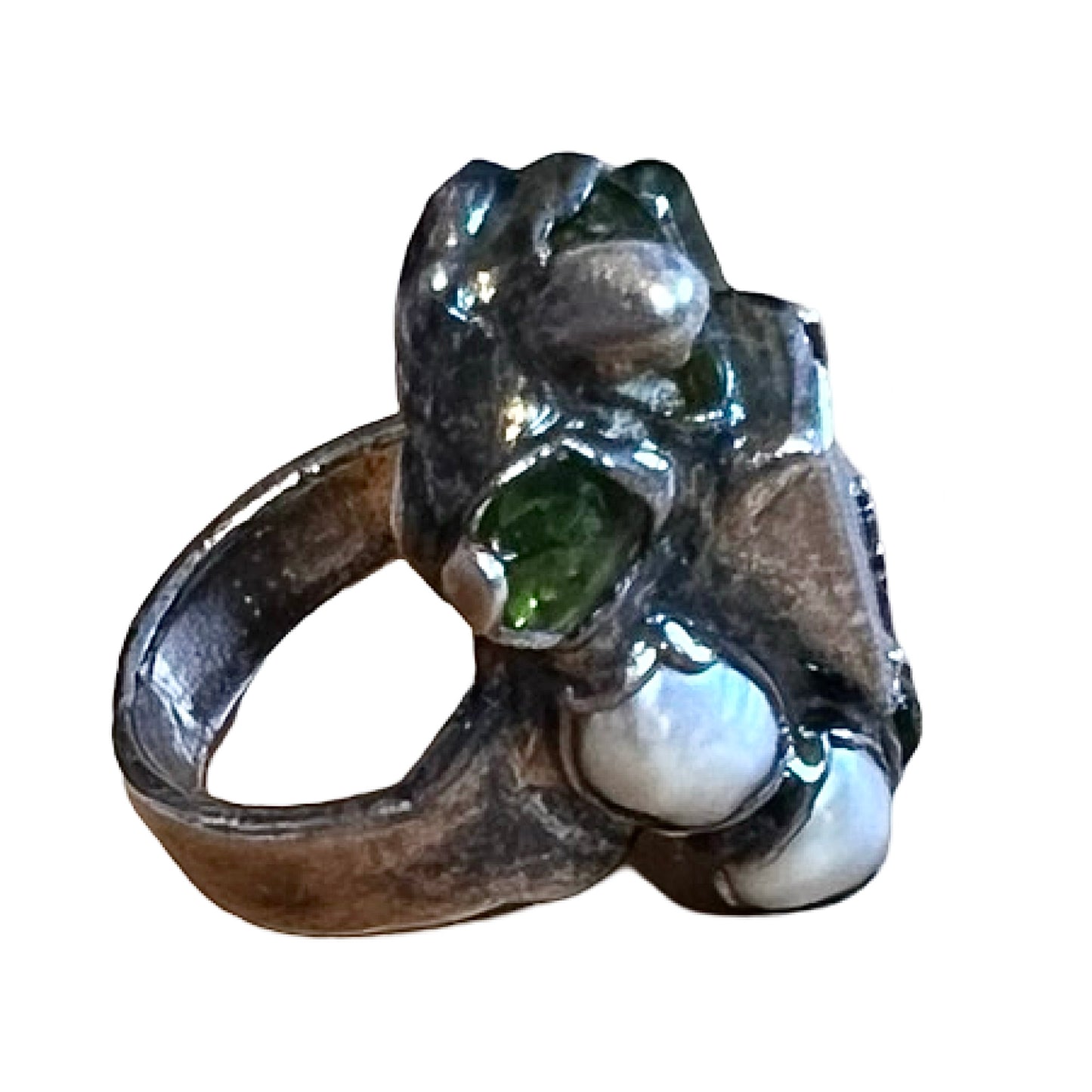 Vintage Modernist Turquoise Peridot Pearl Freeform Ring 7