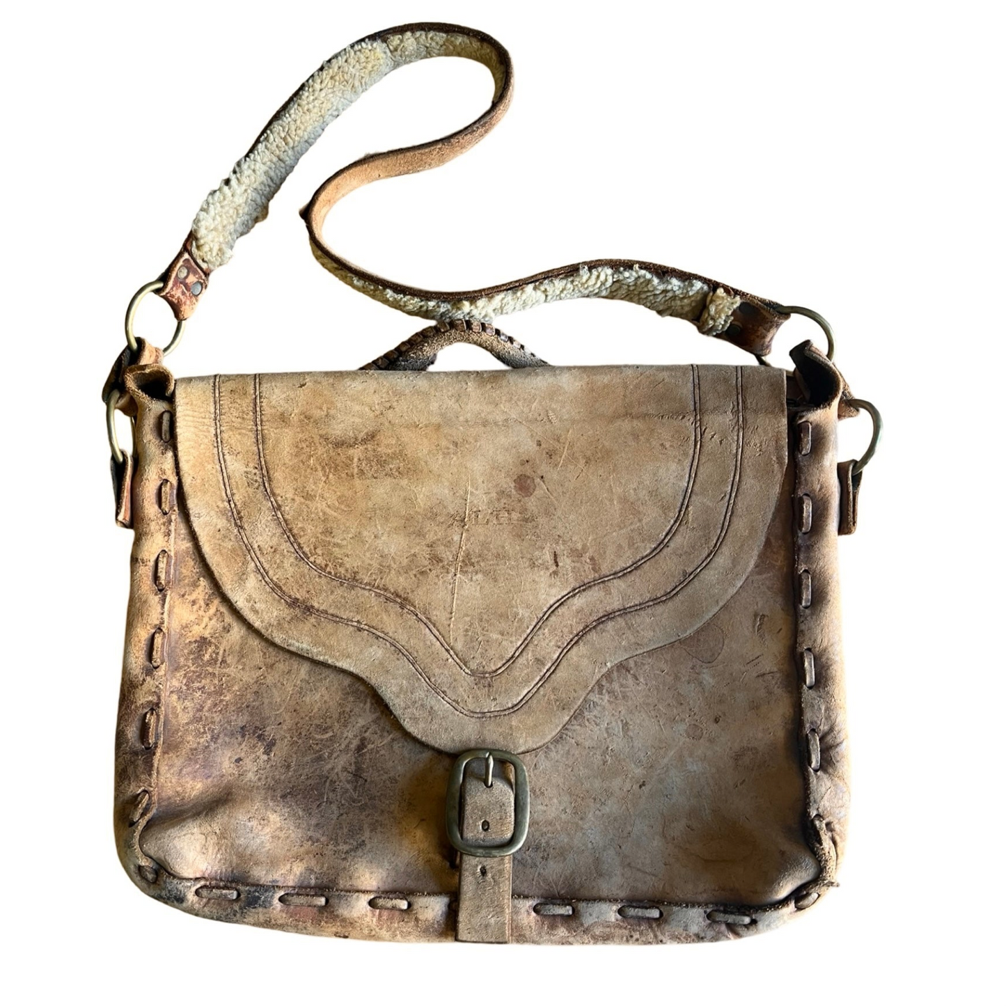 Gorgeous 70’s Vintage Handmade Tooled Leather Messenger Bag Sherpa Lined Removable Strap