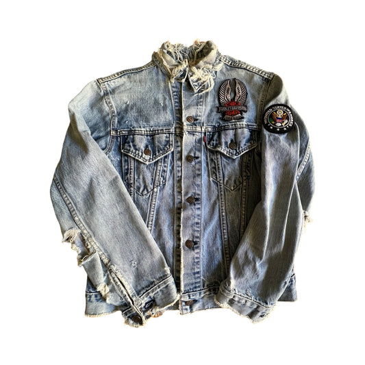 Vintage Thrashed & Distressed Levi’s Denim Jacket Harley Davidson and USA Patches