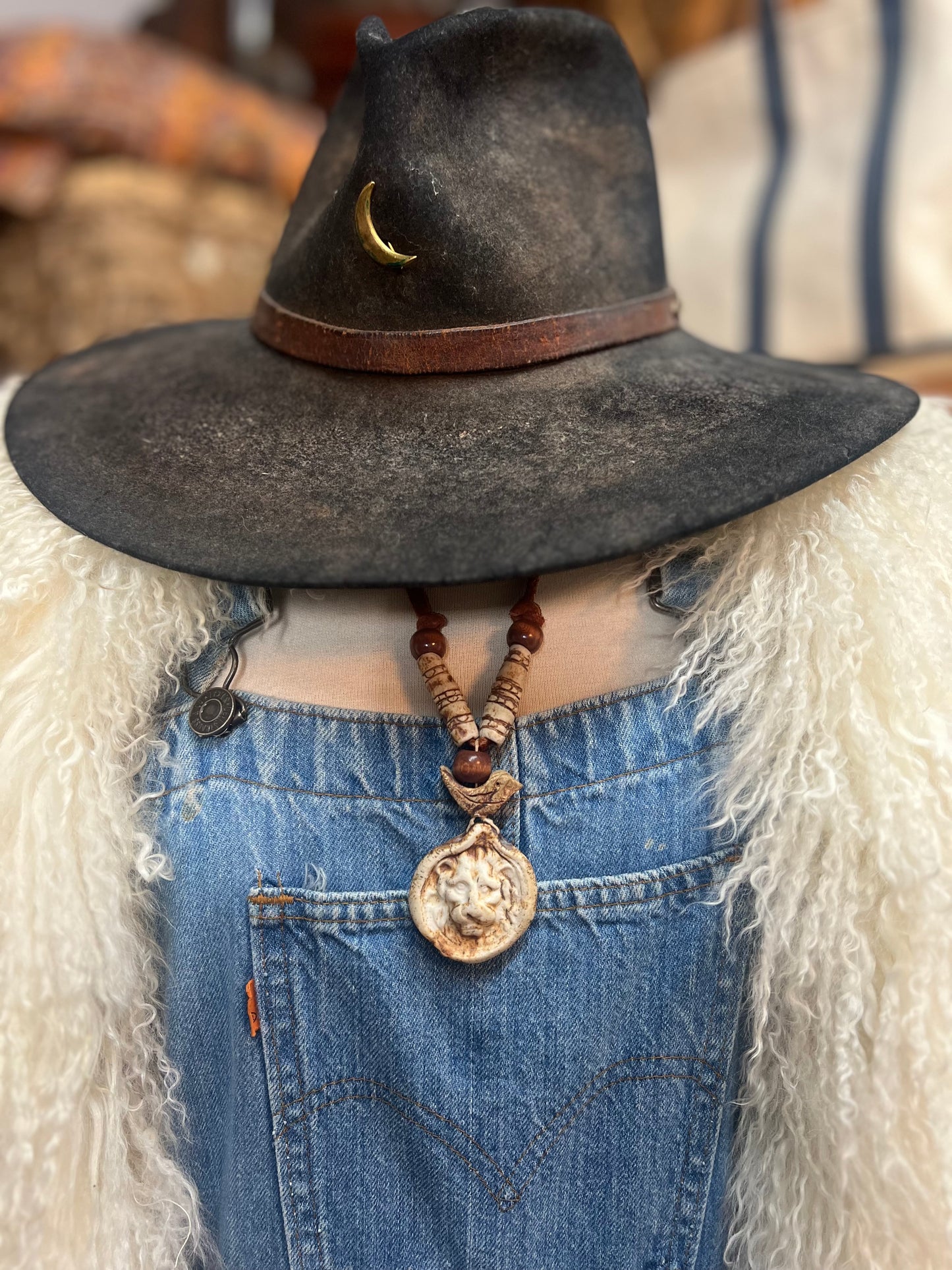 Vintage 70’s Handmade Pottery and Leather Adjustable Necklace w/ Lion & Bird