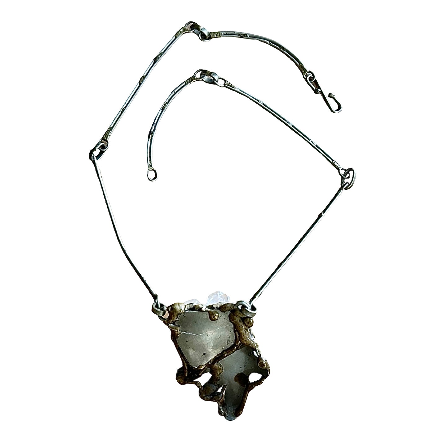 Vintage Modernist Brutalist Crystal Brass Silver Statement Necklace