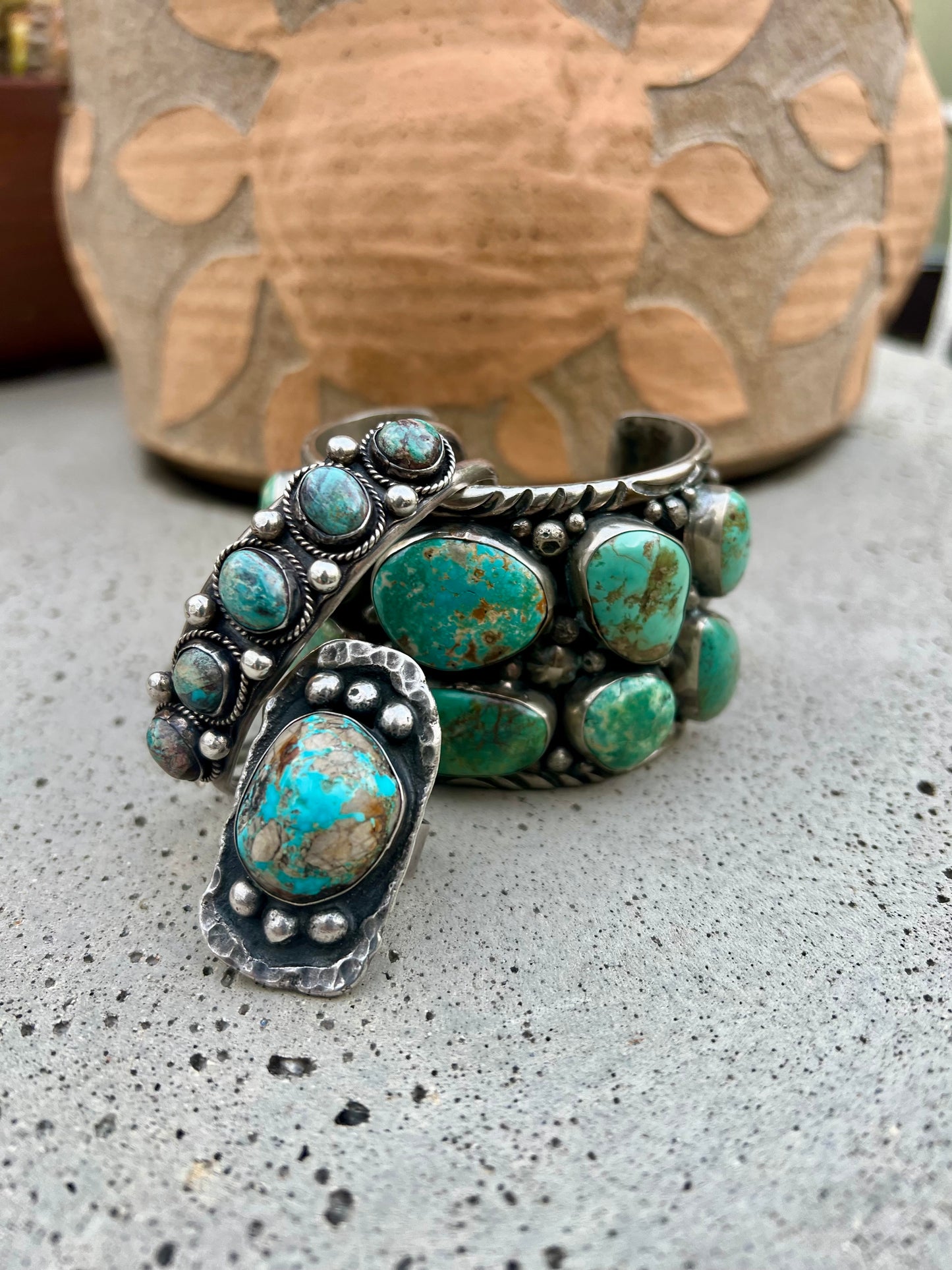 Vintage Large Navajo Brutalist Turquoise & Sterling Ring Signed Agrella 1973