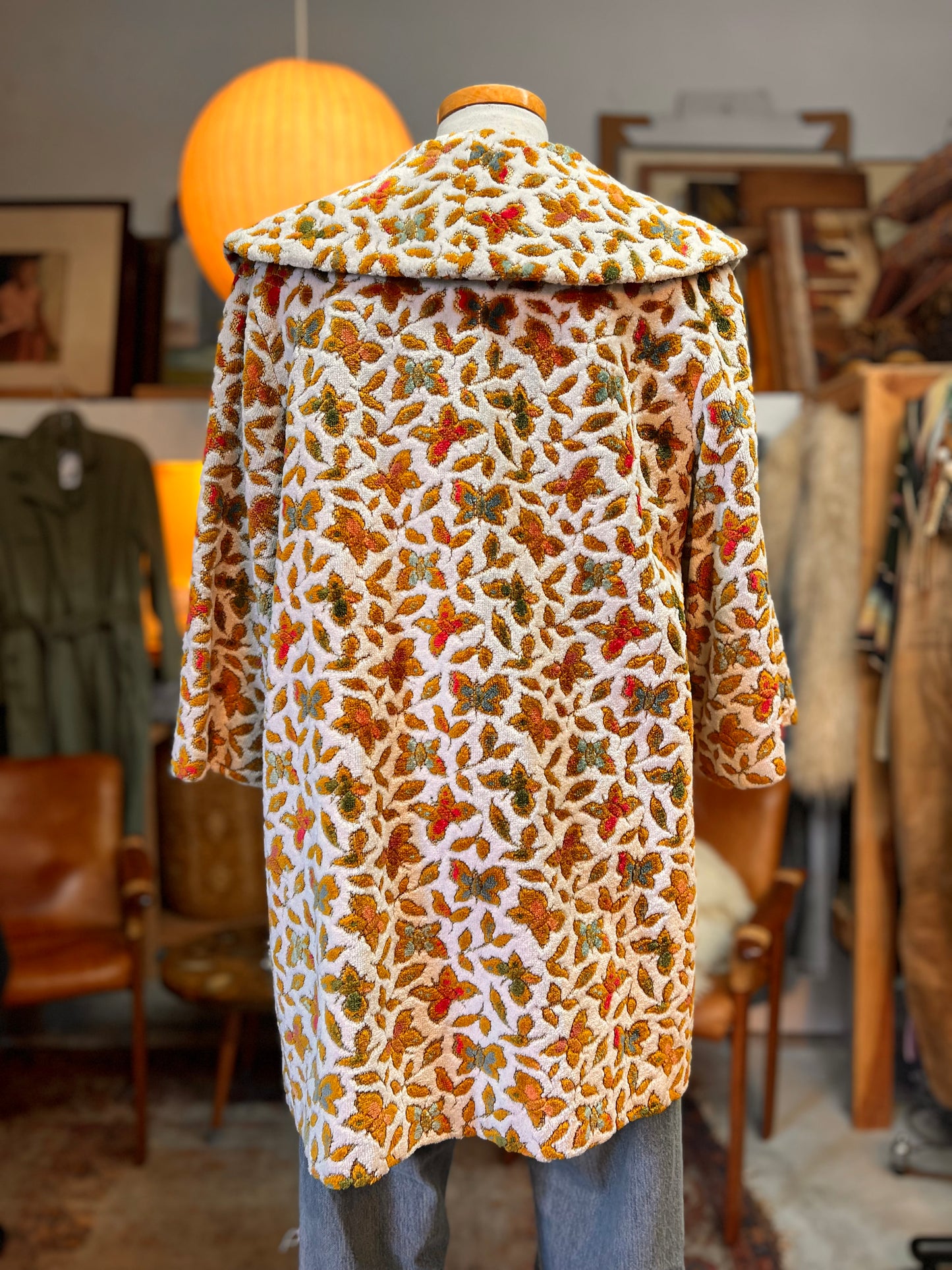Vintage 60’s Chenille Butterlfy Shawl Collar Swing Coat L