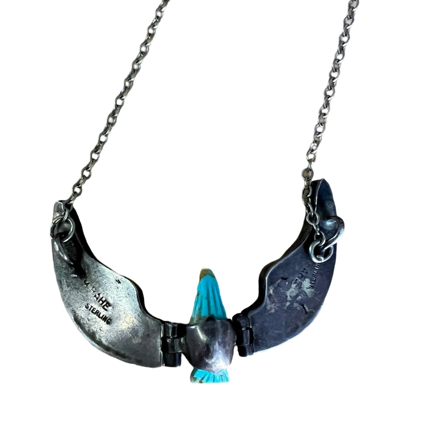 Vintage Signed Marie Bahe Navajo Turquoise Articulated Thunderbird Necklace