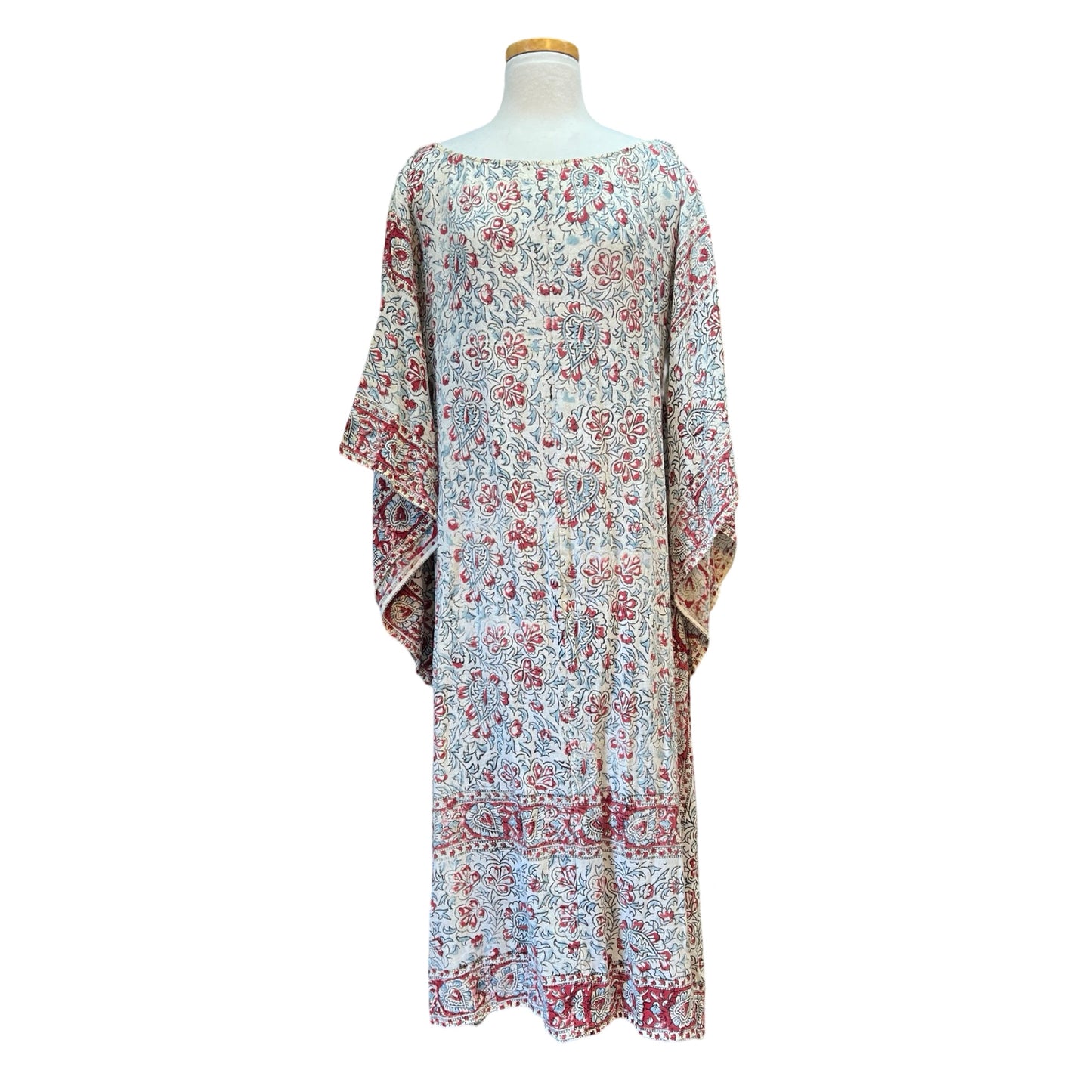 Vintage 70’s Handmade India Cotton Block Print Bohemian Midi Dress Kimono Sleeves