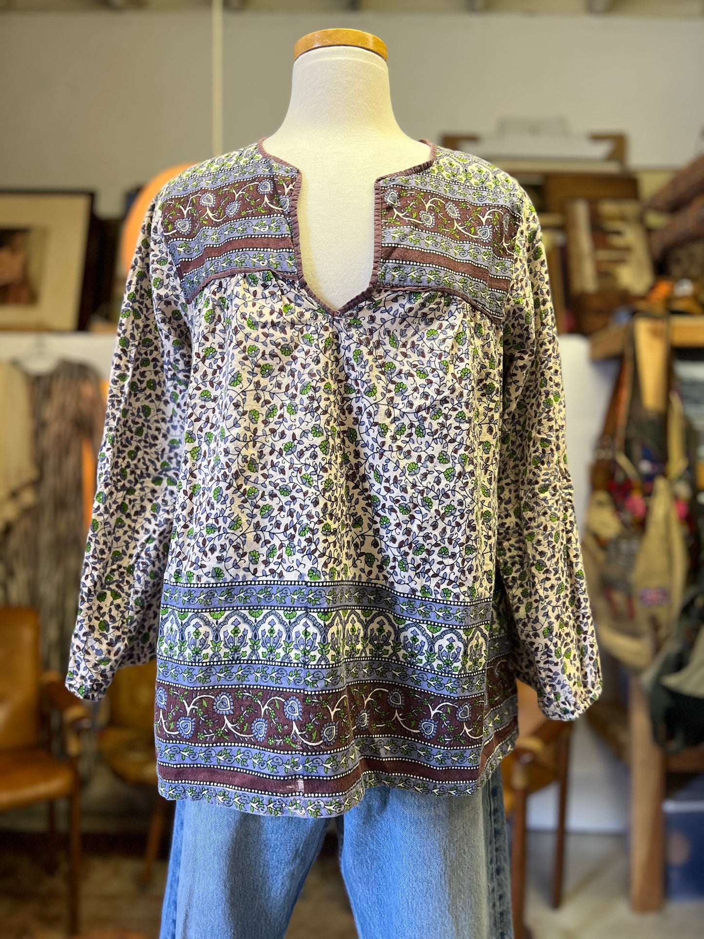 Vintage 70’s India Block Print Cotton Bohemian Blouse S/M