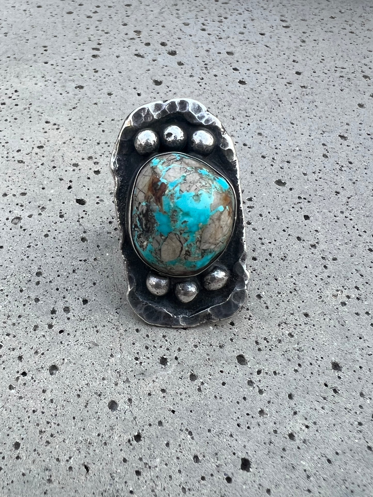 Vintage Large Navajo Brutalist Turquoise & Sterling Ring Signed Agrella 1973