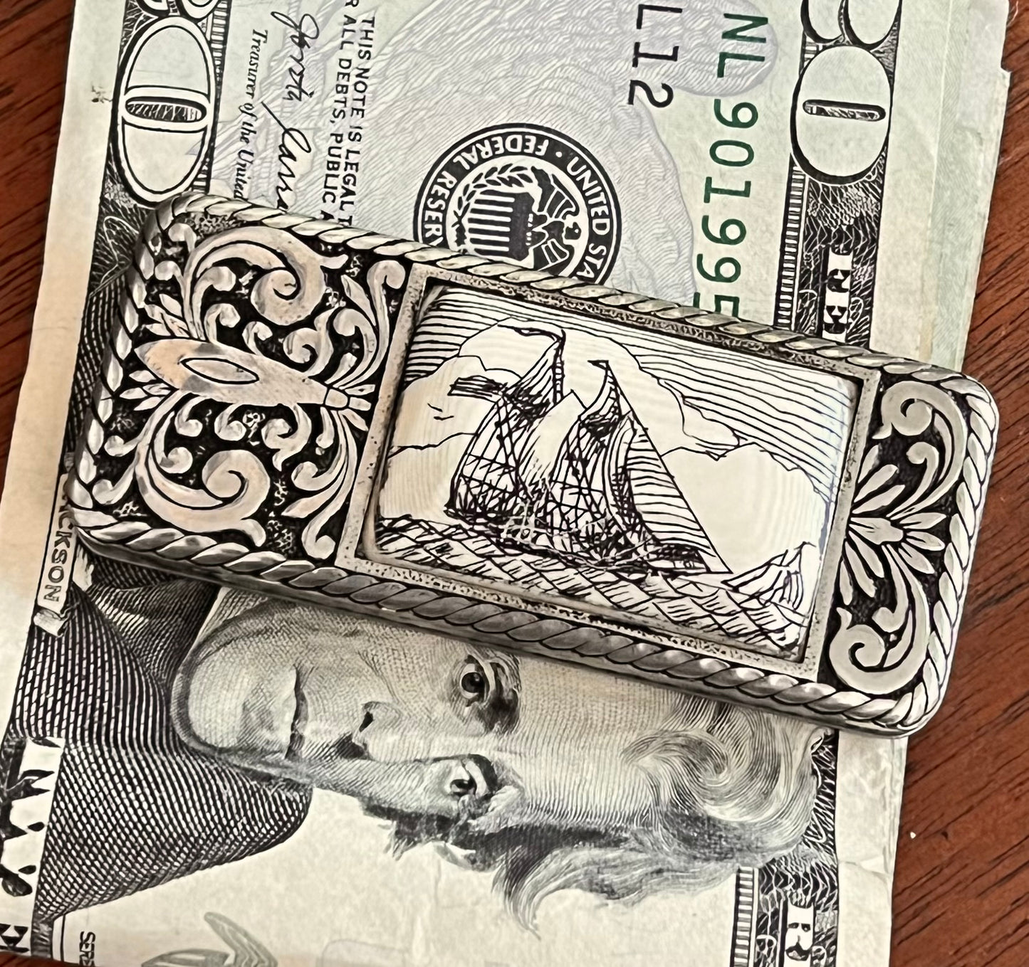 Vintage Sam Mcdowell Silver & Scrimshaw Schooner Money Clip Signed 2003