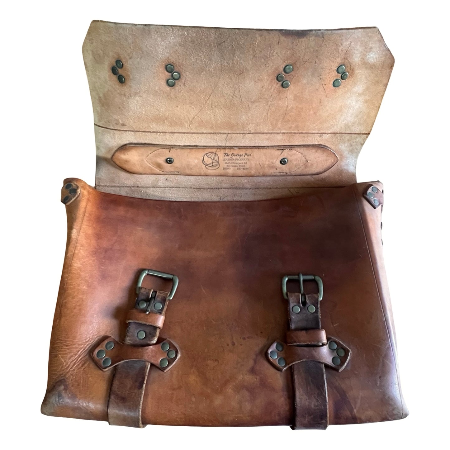 Vintage 70’s Handmade Tooled Leather Messenger Briefcase Brass Hardware