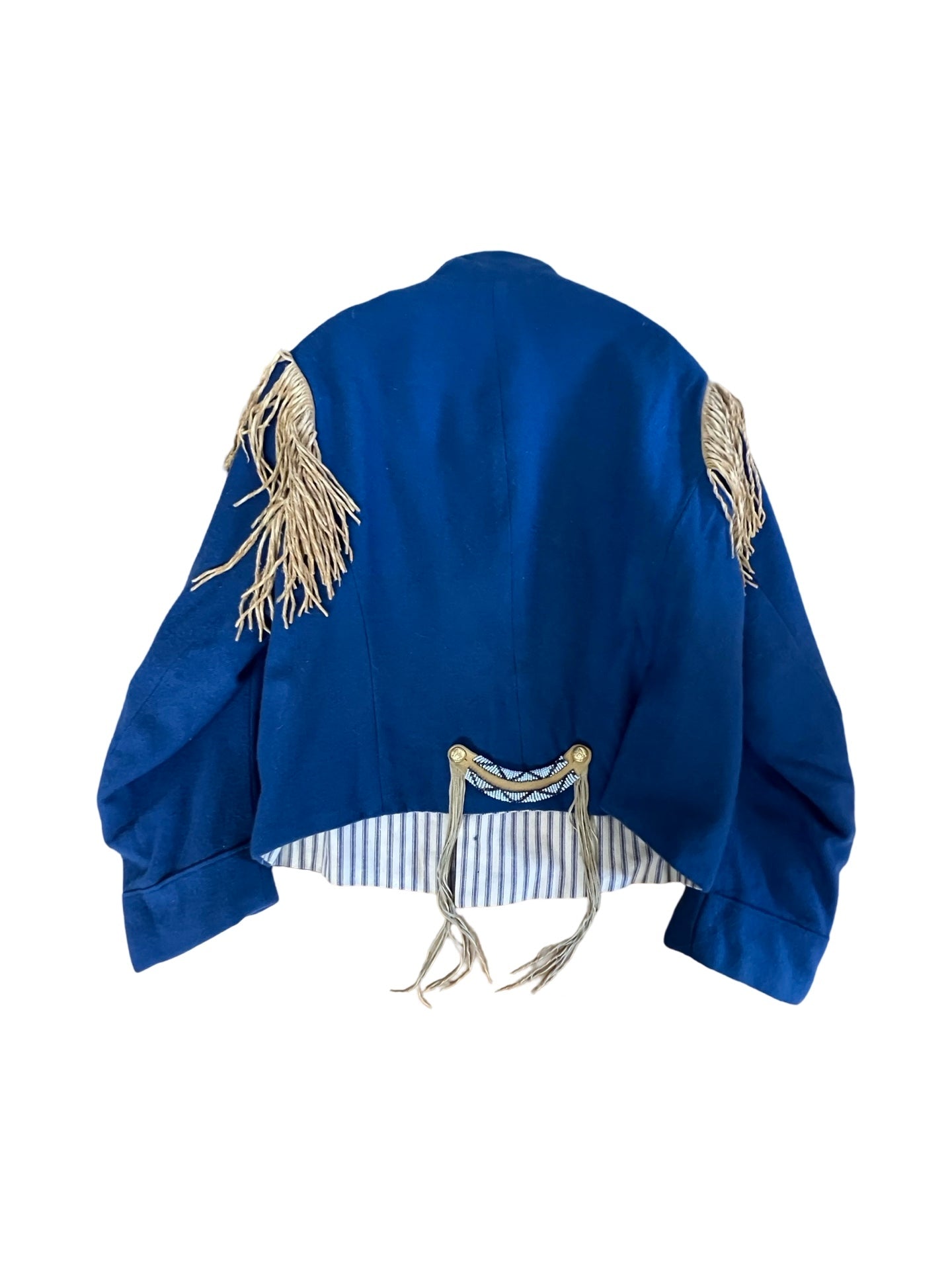 Vintage Cropped Military Jacket French Ticking Lined Seed Bead & Fringe Adornment