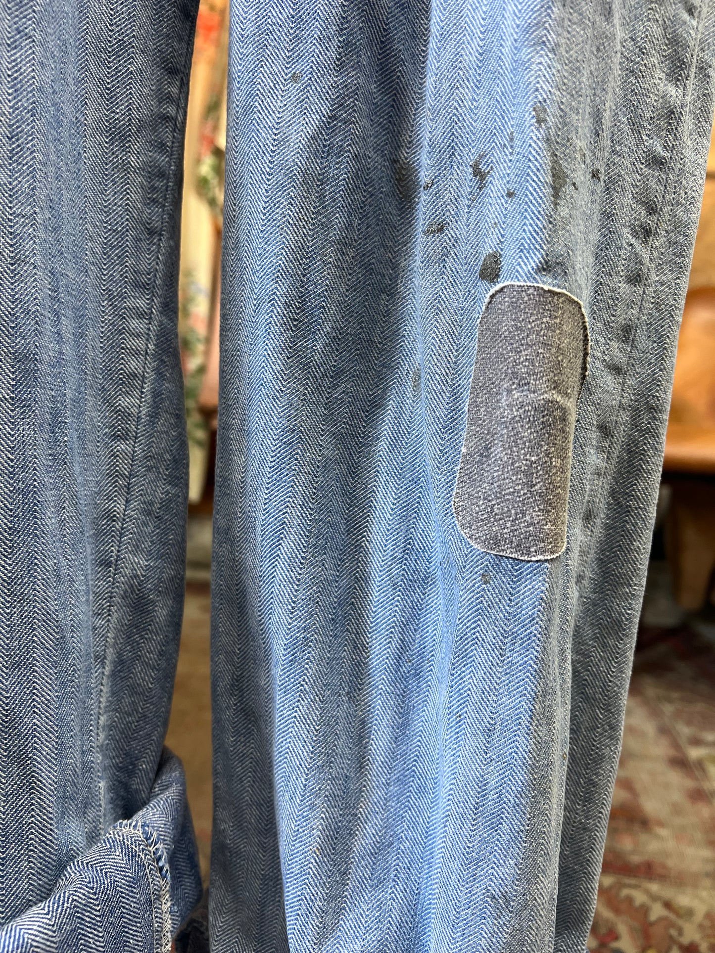 Vintage Heavily Distressed Herringbone Twill Denim Jumpsuit 46