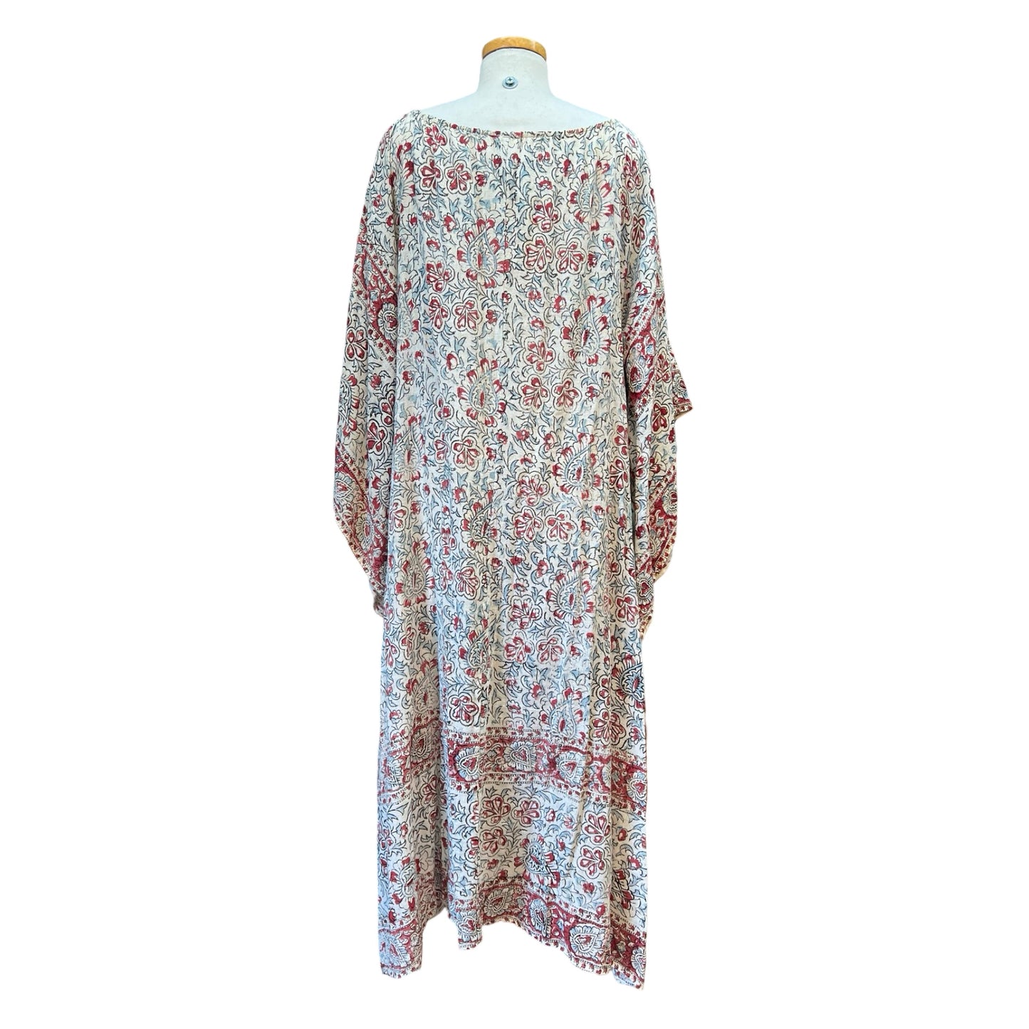 Vintage 70’s Handmade India Cotton Block Print Bohemian Midi Dress Kimono Sleeves