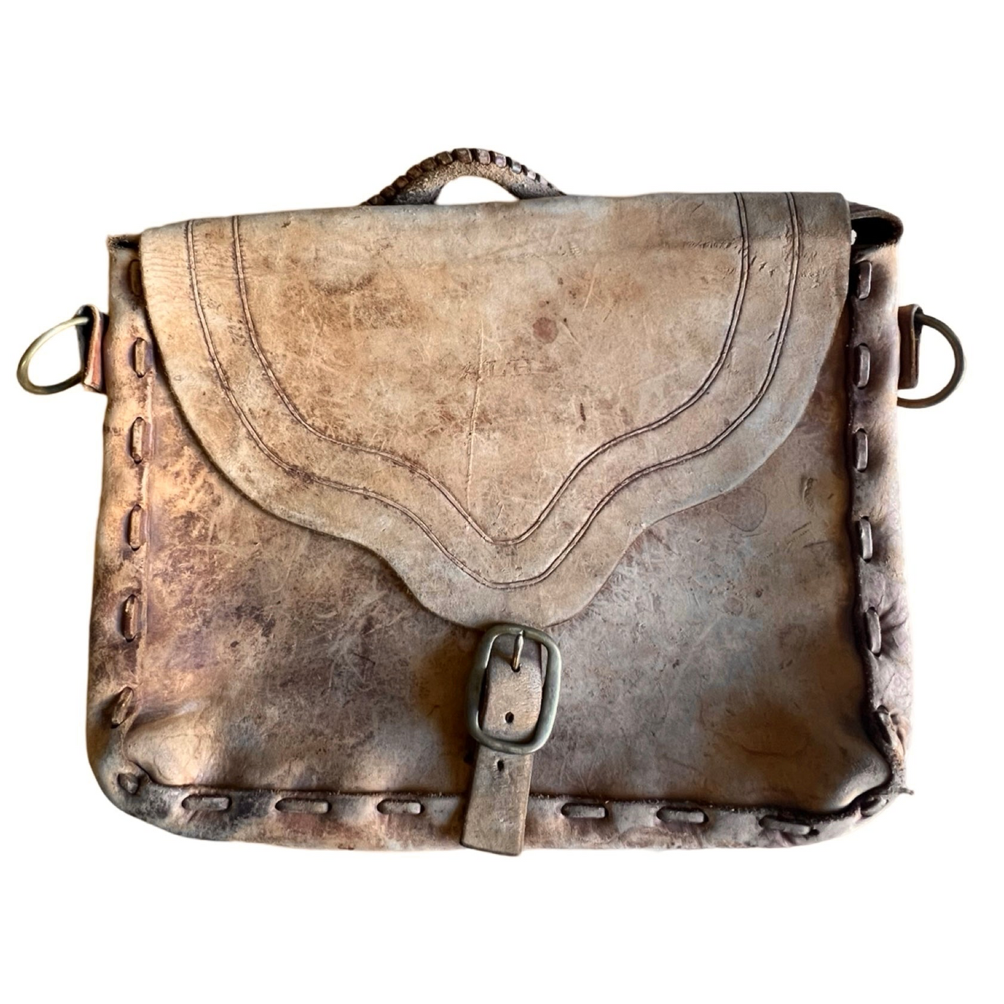 Gorgeous 70’s Vintage Handmade Tooled Leather Messenger Bag Sherpa Lined Removable Strap