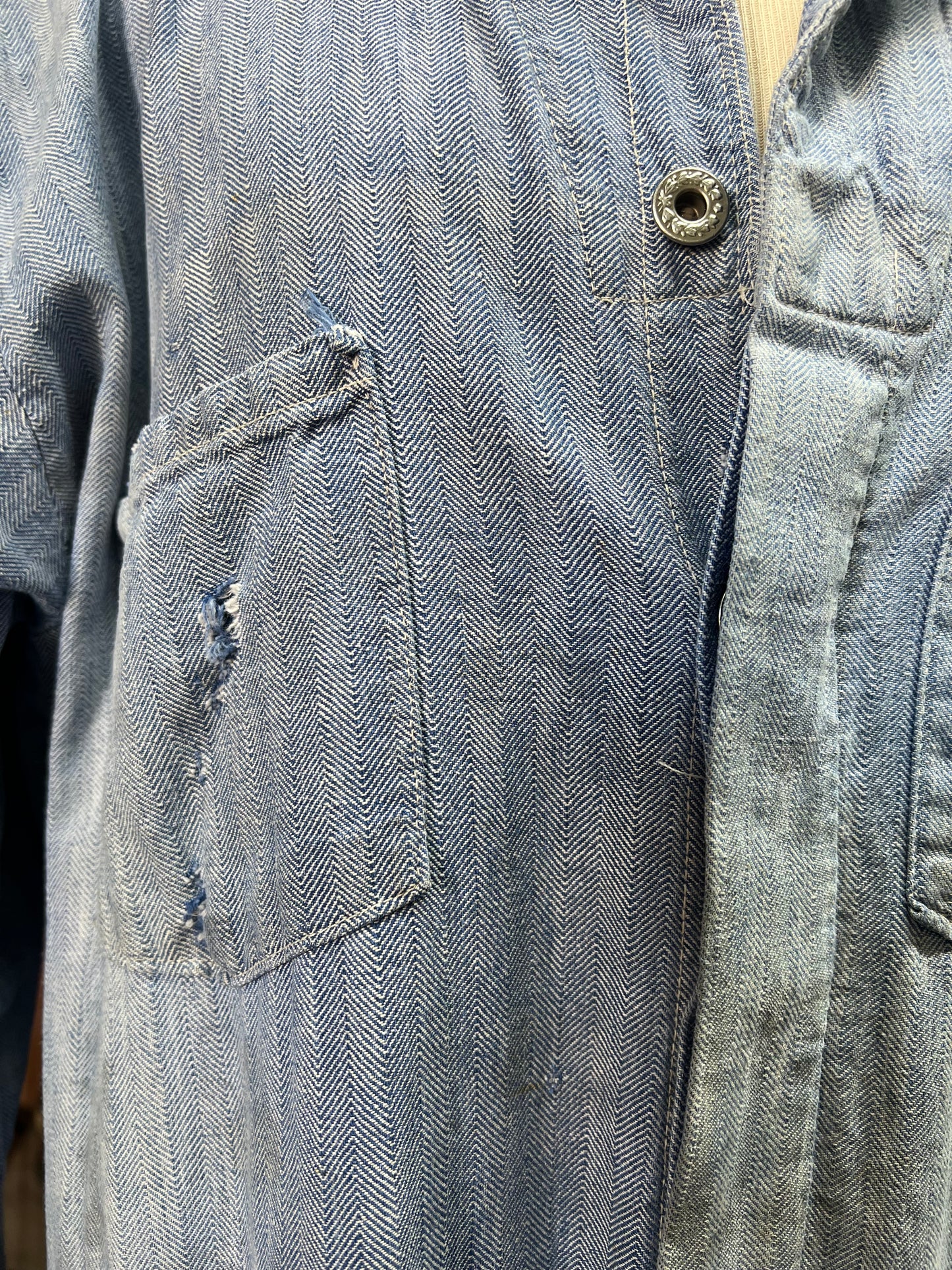 Vintage Heavily Distressed Herringbone Twill Denim Jumpsuit 46