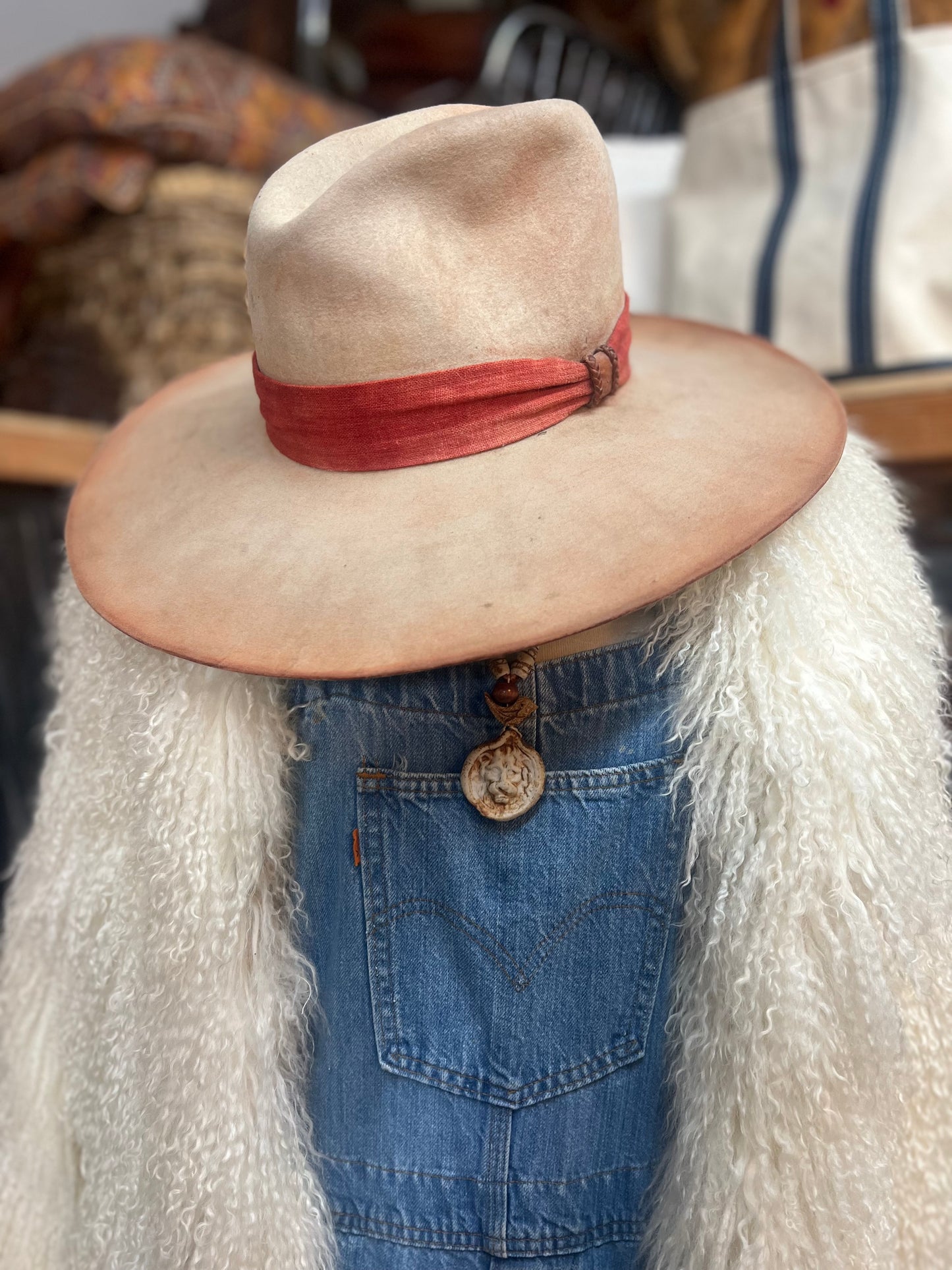 Vintage 70’s Handmade Pottery and Leather Adjustable Necklace w/ Lion & Bird