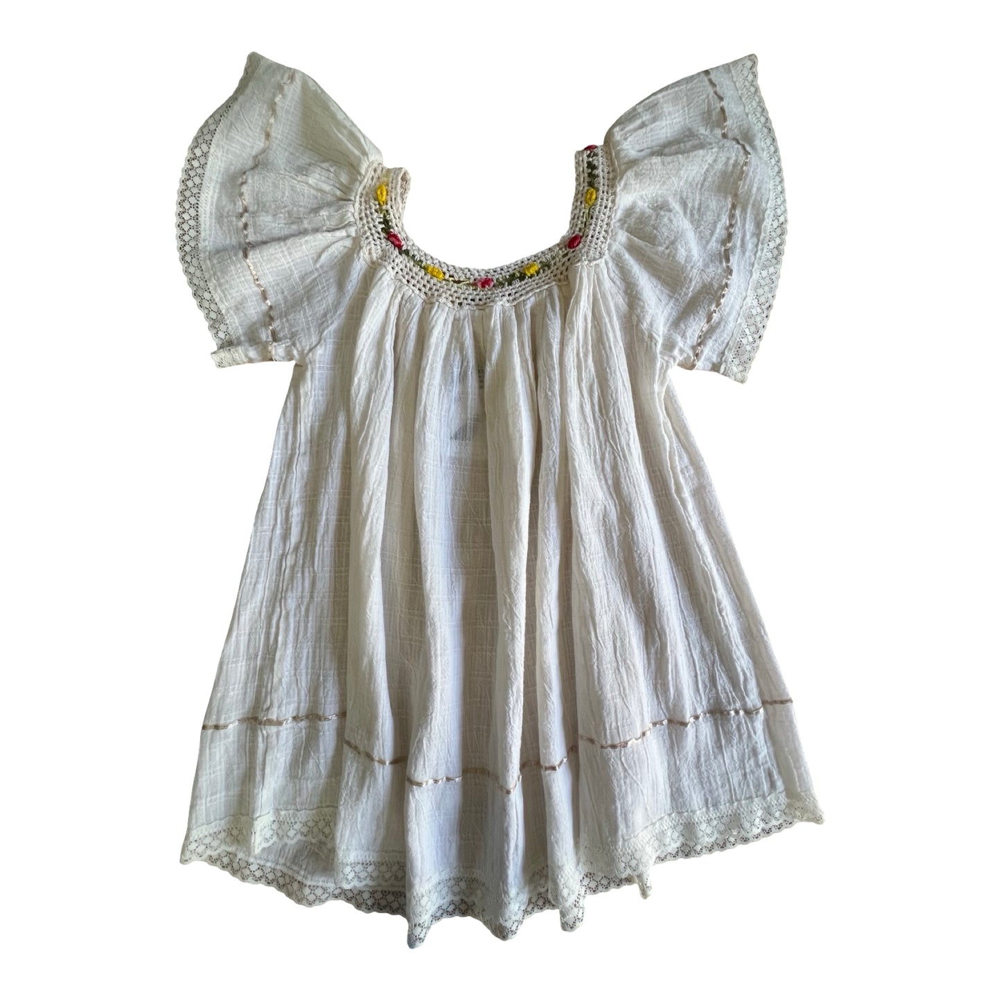 Vintage Gauze Angel Top Macrame Rainbow Flowers S/M