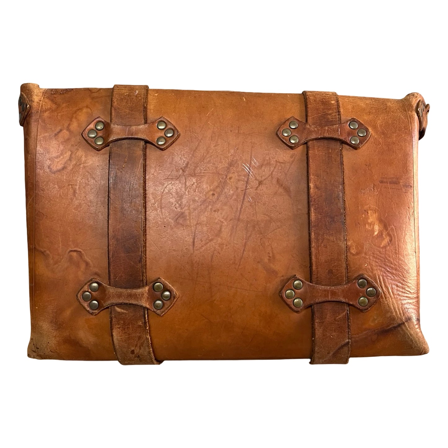 Vintage 70’s Handmade Tooled Leather Messenger Briefcase Brass Hardware