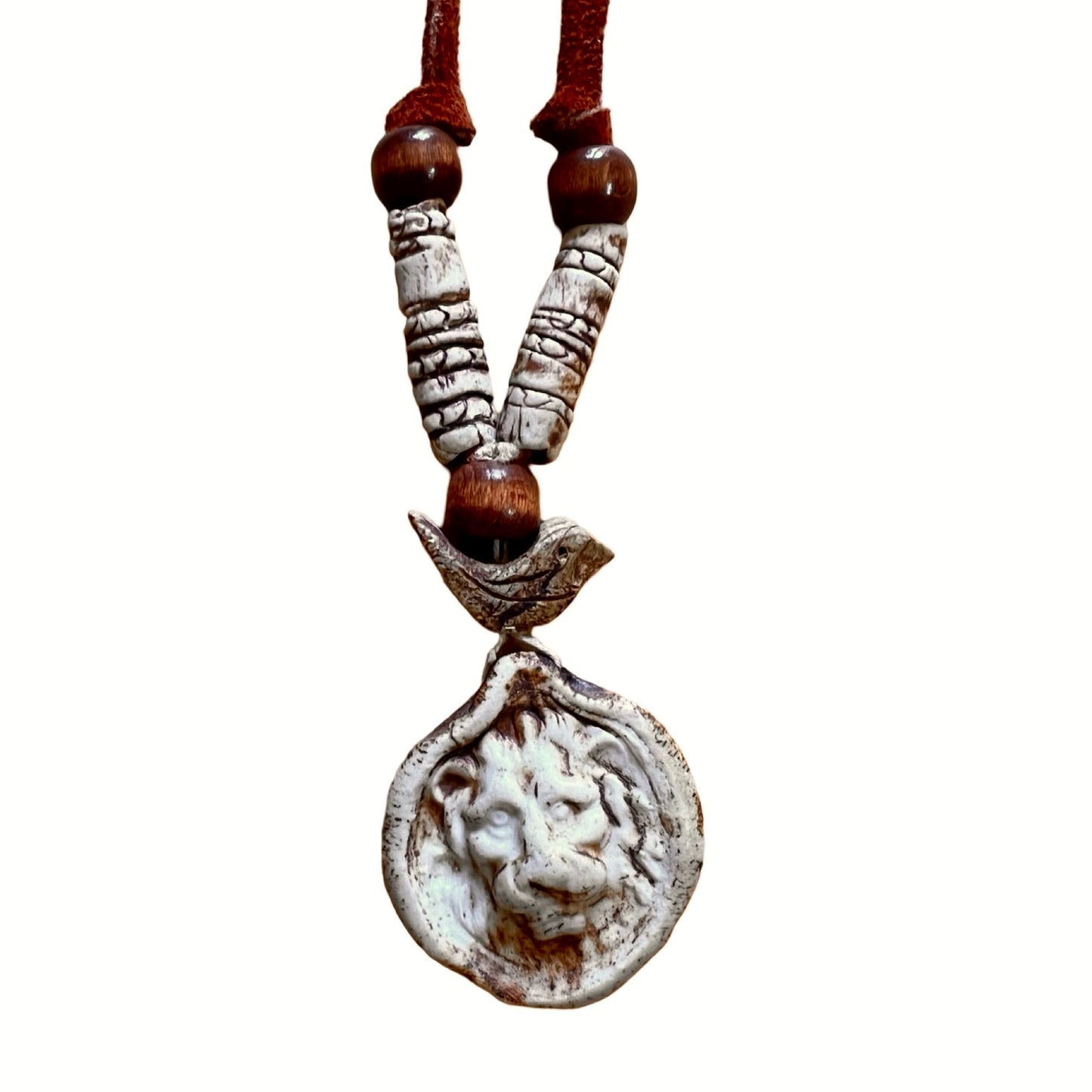 Vintage 70’s Handmade Pottery and Leather Adjustable Necklace w/ Lion & Bird