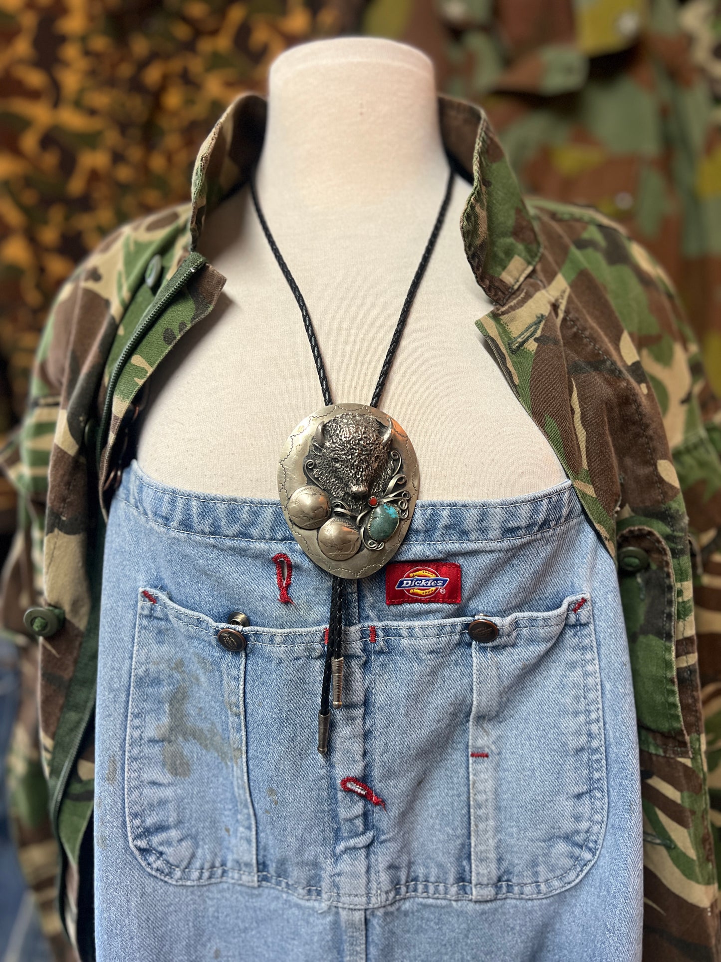 Vintage 80’s Handmade Native American Turquoise & Coral Buffalo Head Nickel Bolo Tie