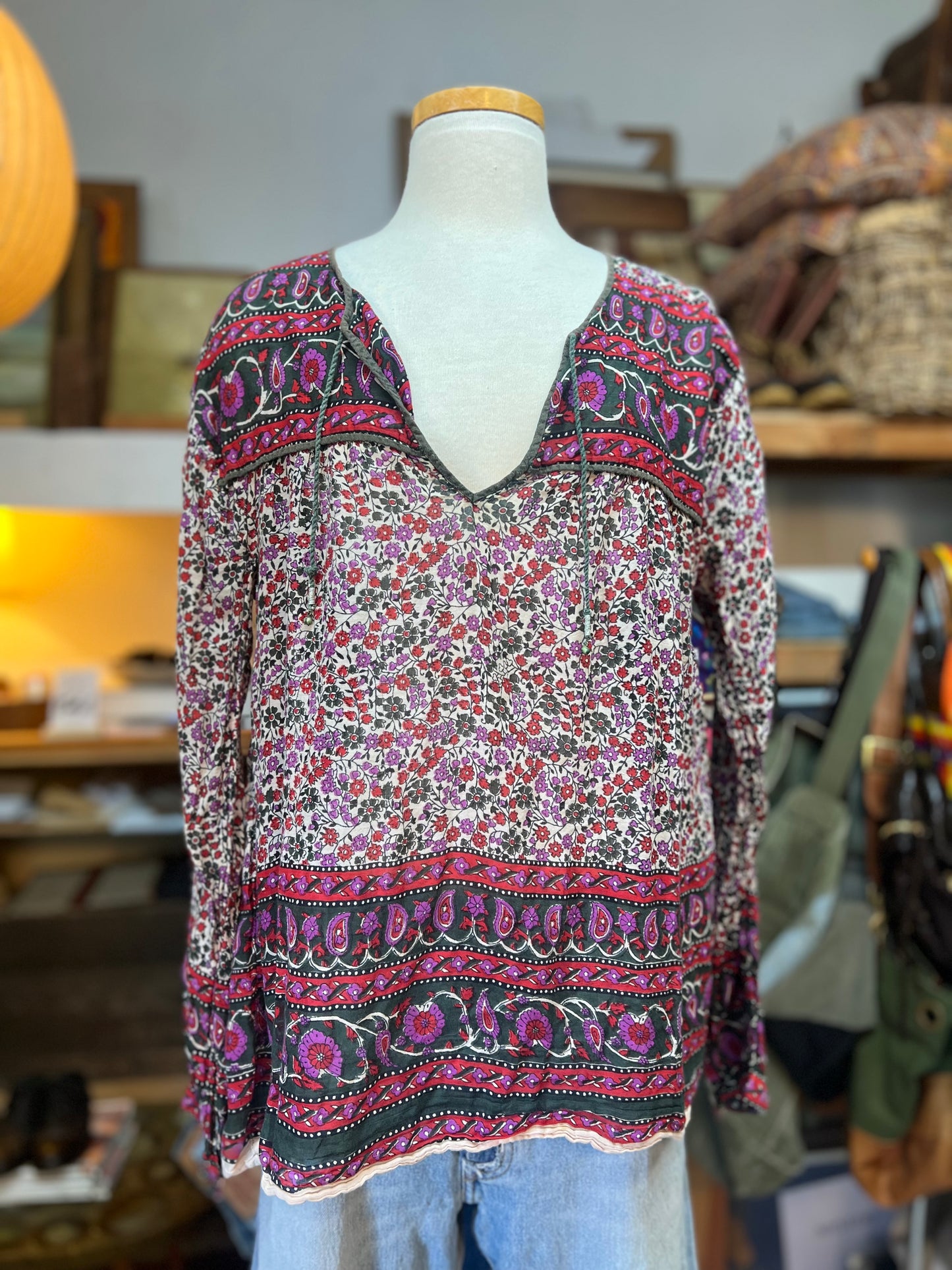 Vintage 70’s India Block Print Sheer Cotton Gauze Bohemian Blouse