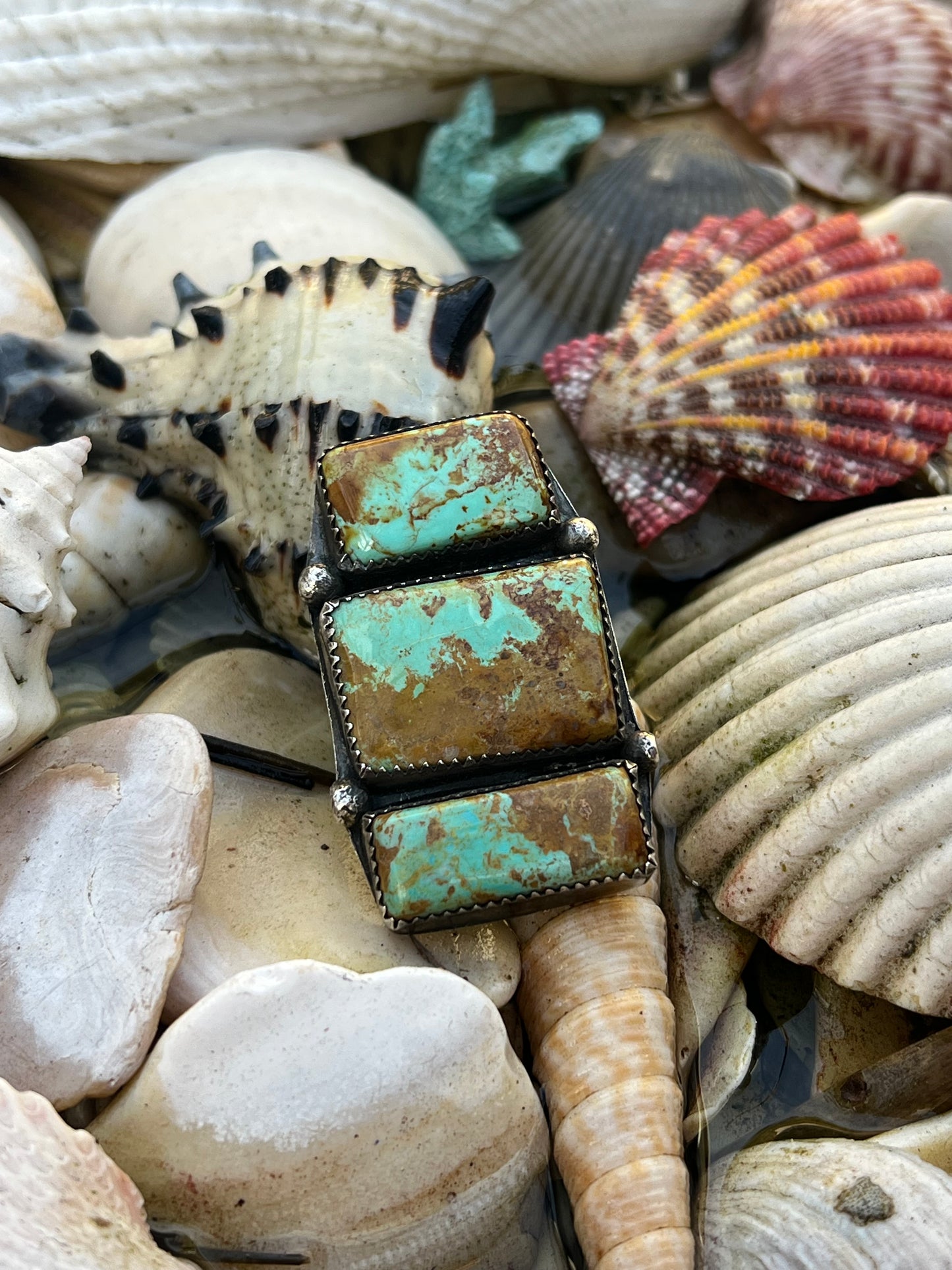 Vintage Large Navajo Polished Turquoise Sterling Silver Ring Size 10.5