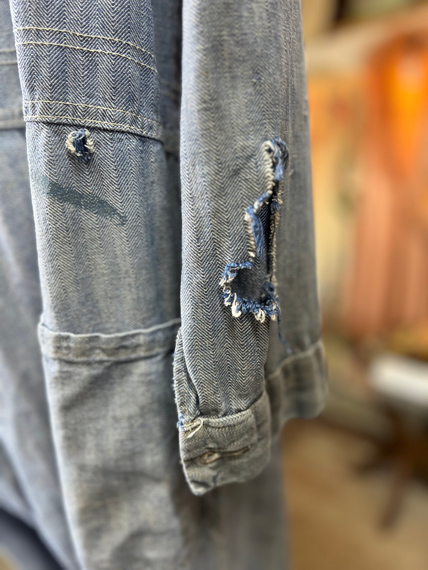 Vintage Heavily Distressed Herringbone Twill Denim Jumpsuit 46