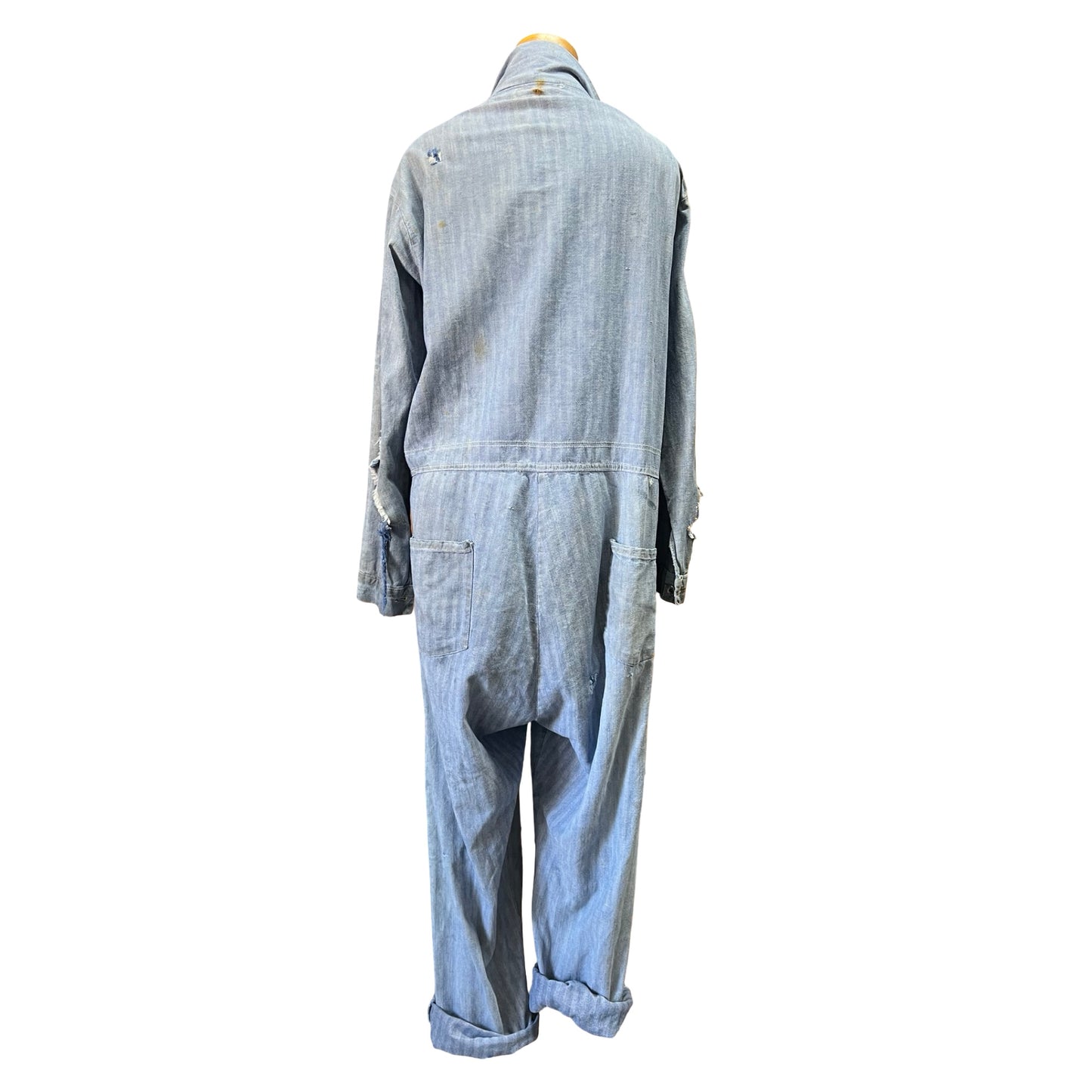 Vintage Heavily Distressed Herringbone Twill Denim Jumpsuit 46