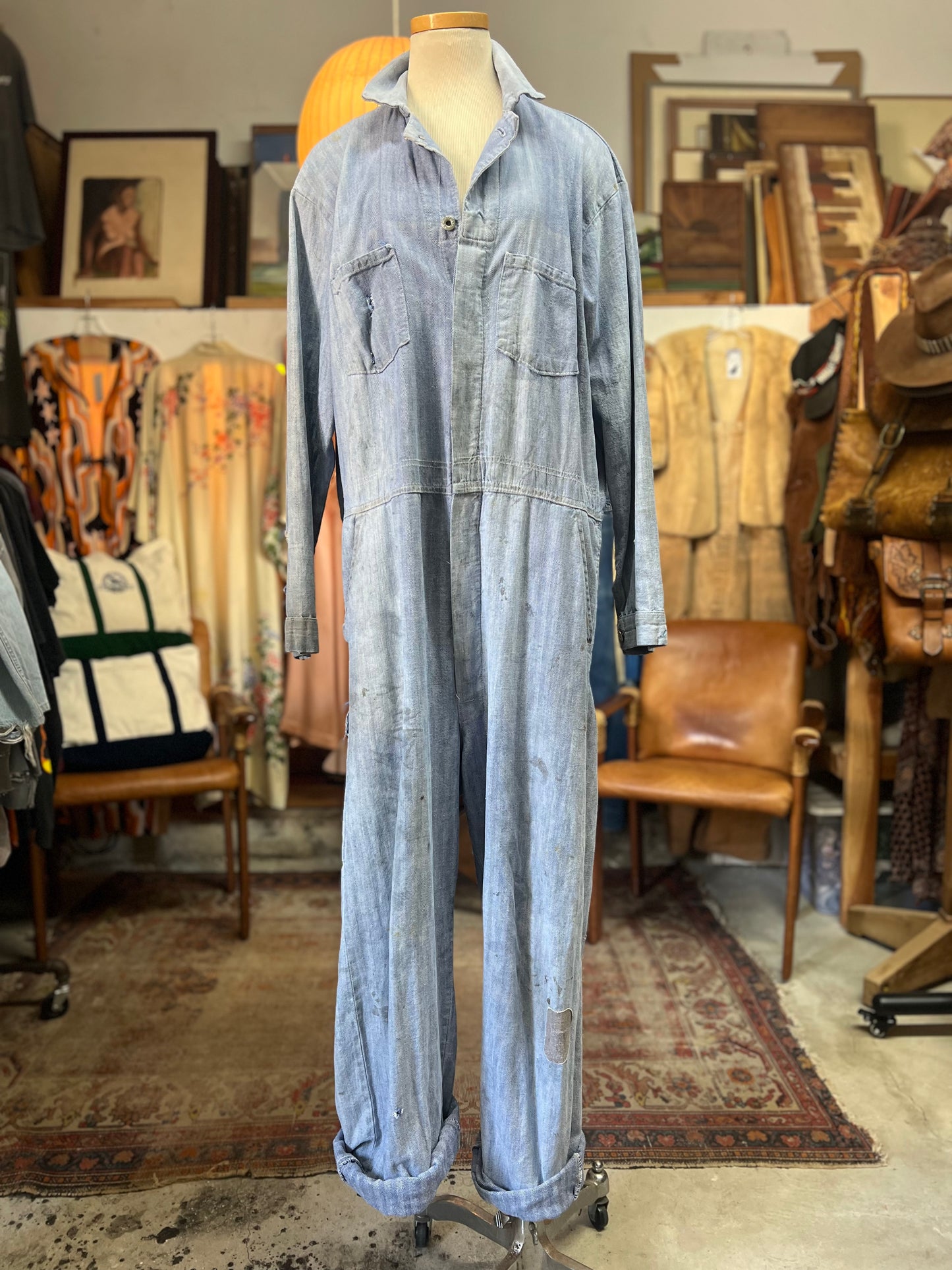 Vintage Heavily Distressed Herringbone Twill Denim Jumpsuit 46
