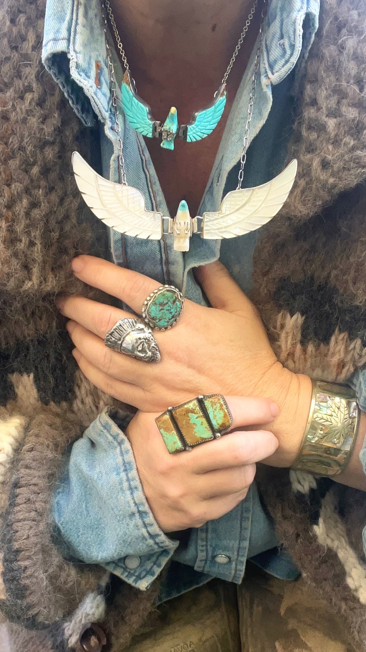 Vintage Signed Marie Bahe Navajo Turquoise Articulated Thunderbird Necklace