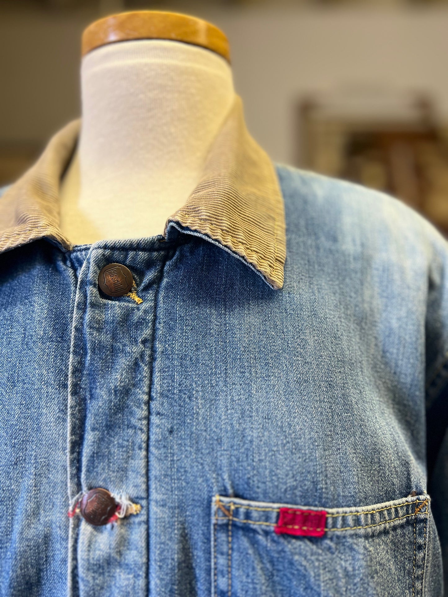 Vintage Big Smith Denim Chore Jacket Work Wear Heavily Distressed Boxy Fit XL