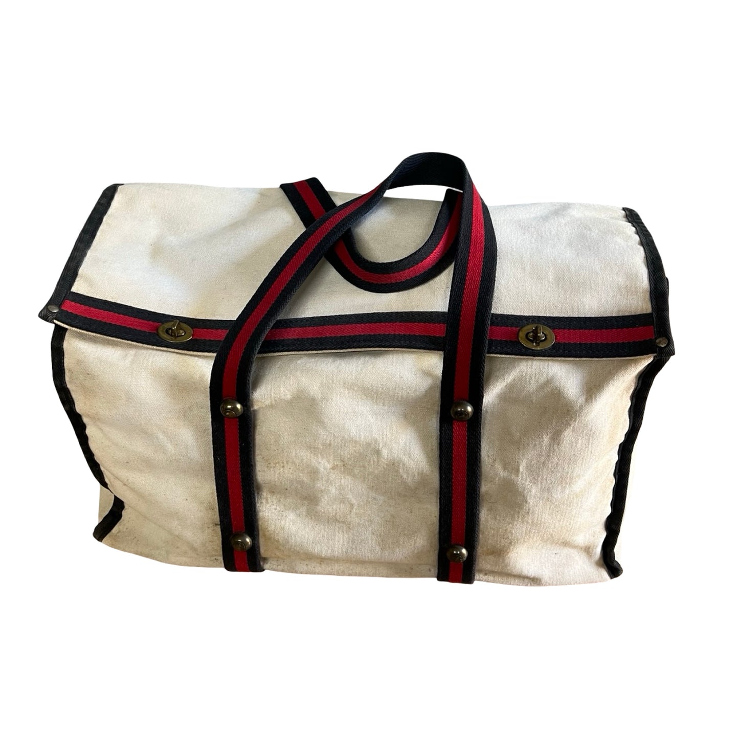 Rare Vintage 1970’s Heavy Canvas Weekender Tote w/ Brass Hardware Striped Webbing