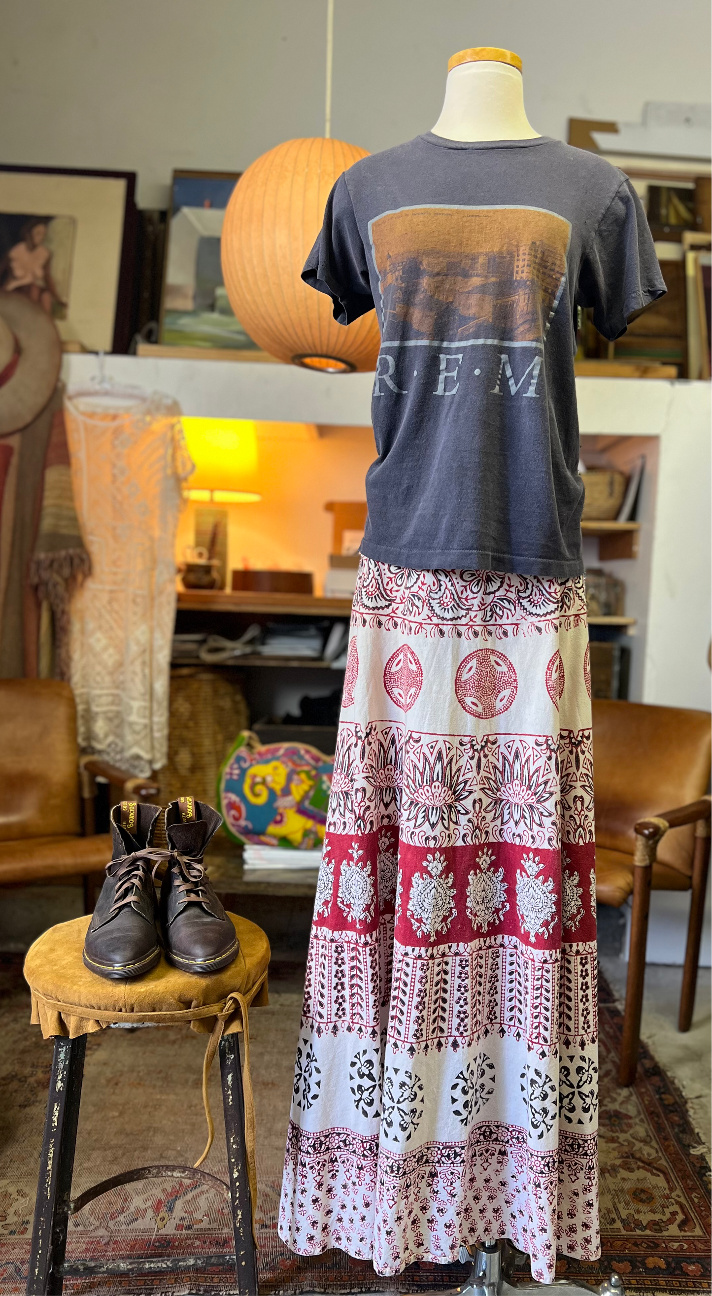 Vintage 70’s Bohemian India Block Print Maxi Skirt L