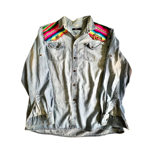 Vintage 80’s New Man Snap Front Denim Shirt w/ Serape Textile Patched Yoke L/XL