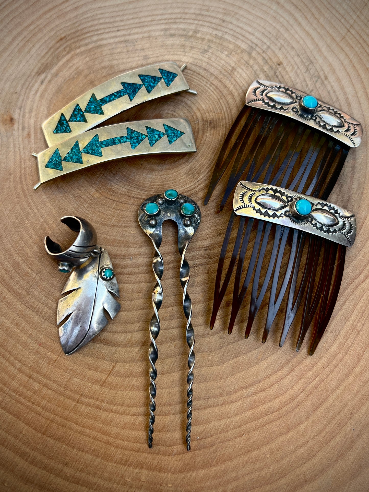 Rare Vintage 70’s Navajo Sterling Silver & Turquoise Hair Combs Pair