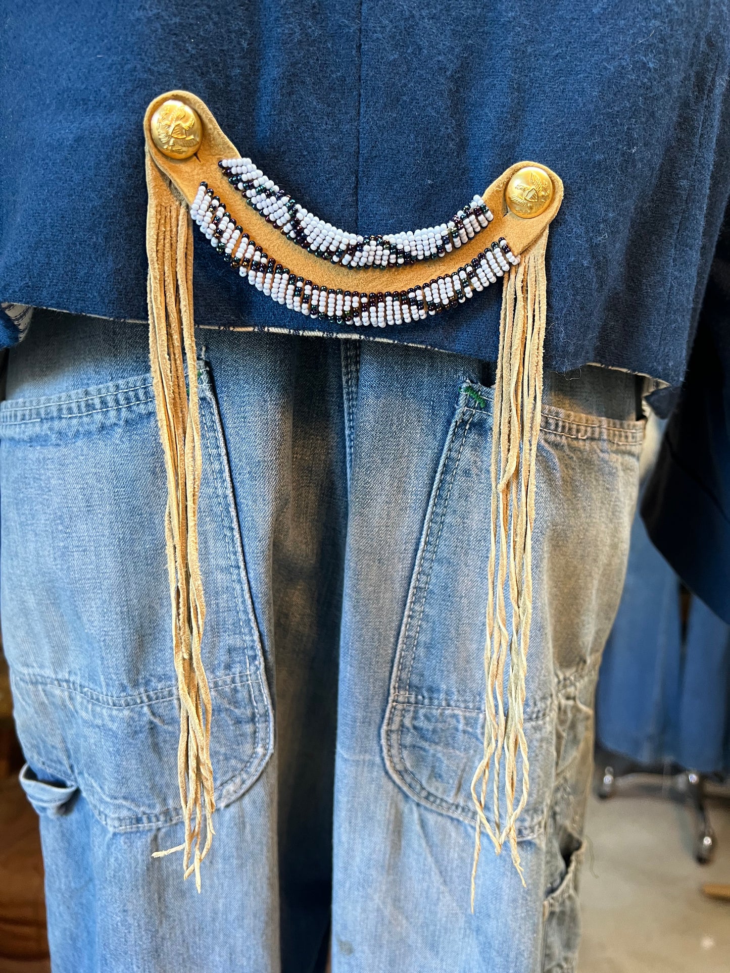 Vintage Cropped Military Jacket French Ticking Lined Seed Bead & Fringe Adornment