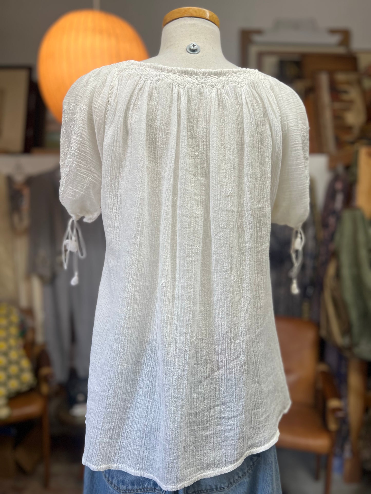 Vintage 60’s Romanian Embroidered Pintuck Smocked Gauze Top S/M