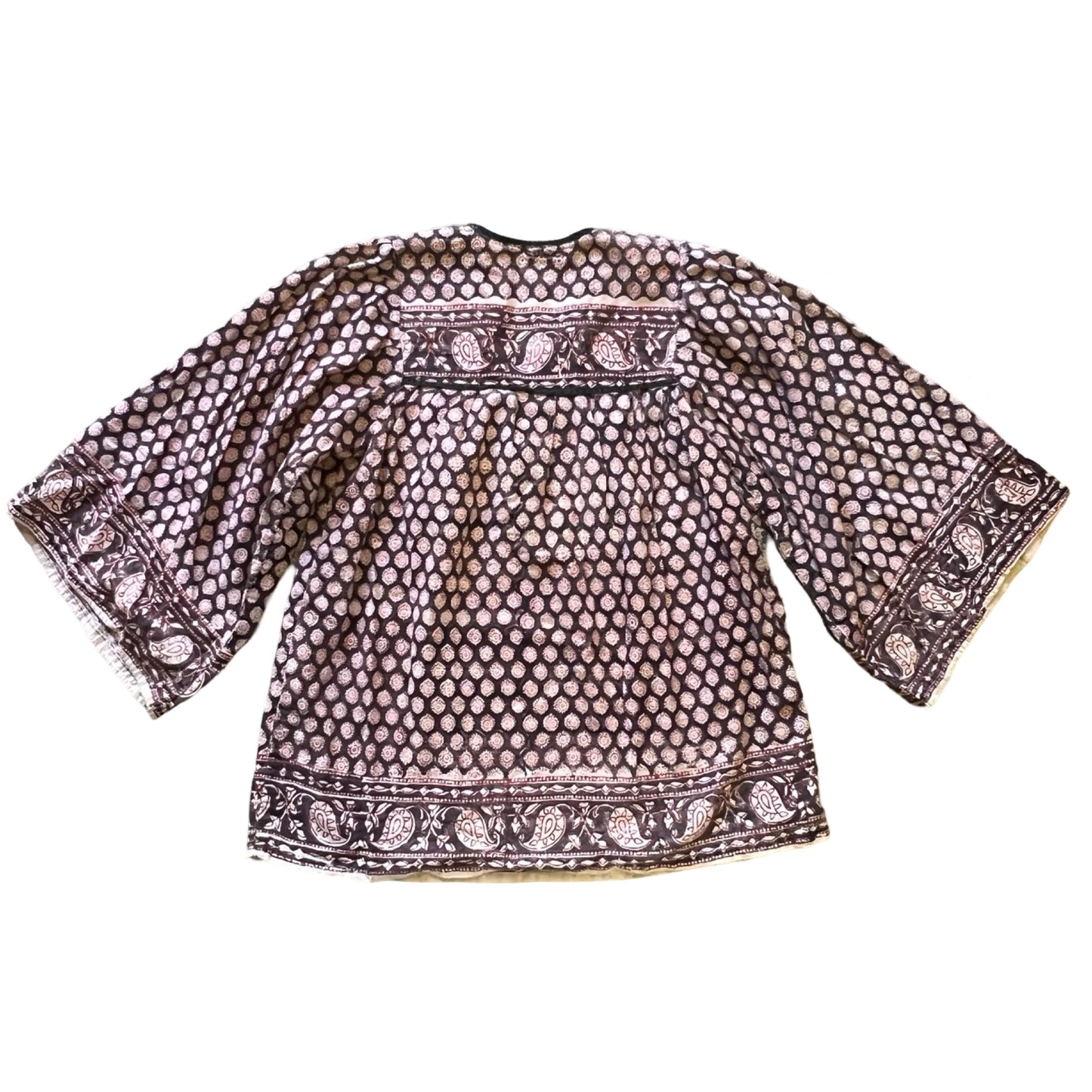 Vintage 70’s India Block Print 3/4 Bell Sleeve Cotton Blouse Rare Colorway S/M